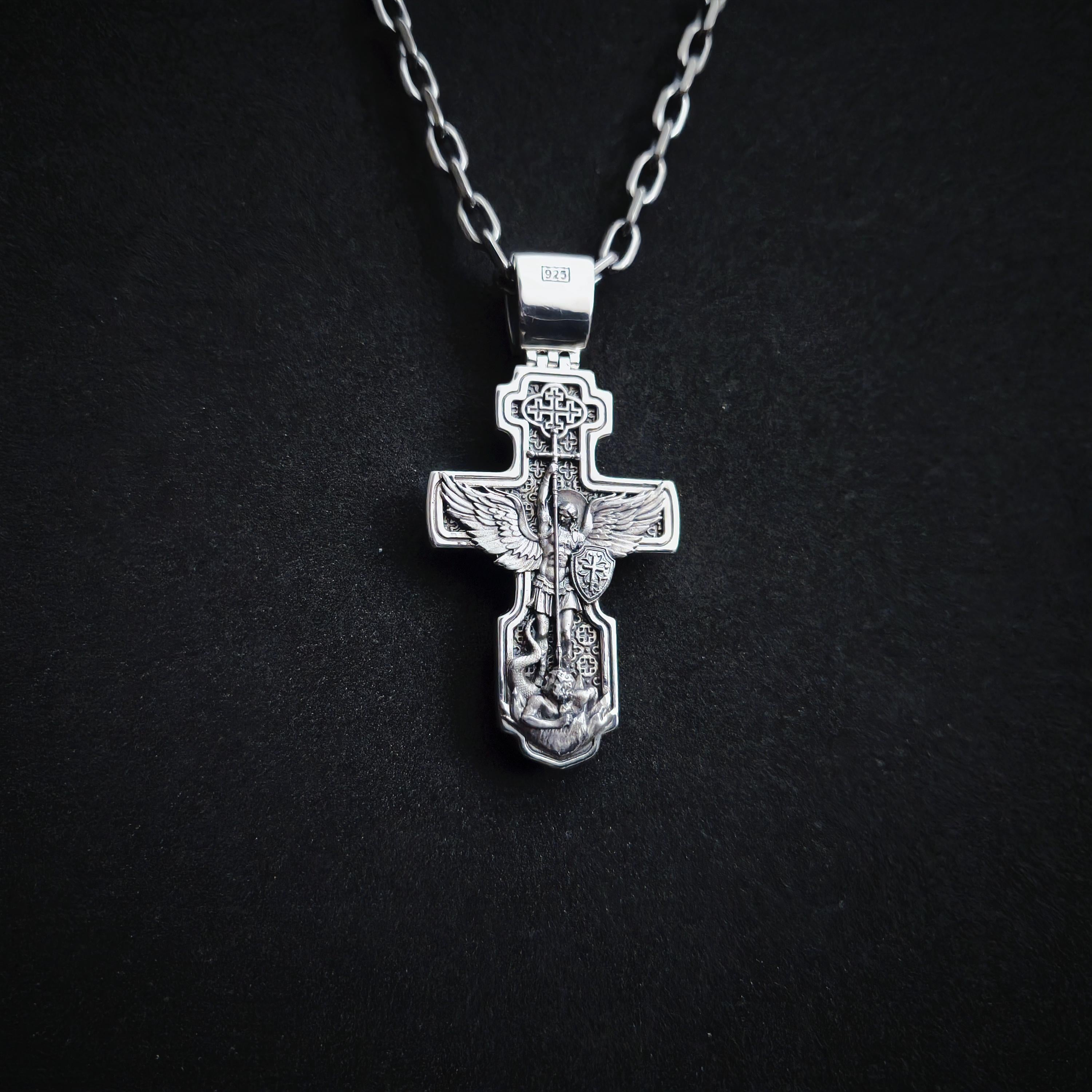 Personalized Jesus Cross Saint Benedict Crucifix Necklace Archangel Saint Michael: Sterling Silver