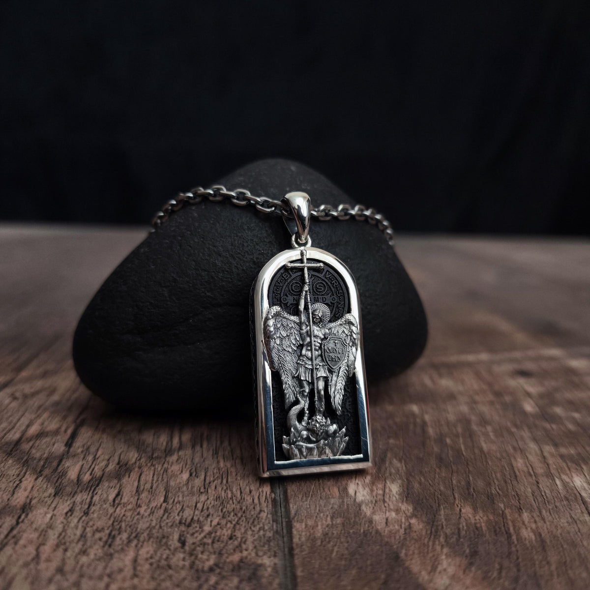 Sterling Silver Archangel Saint Michael Necklace: Handmade St. Benedict Exorcism & Ebony Wood