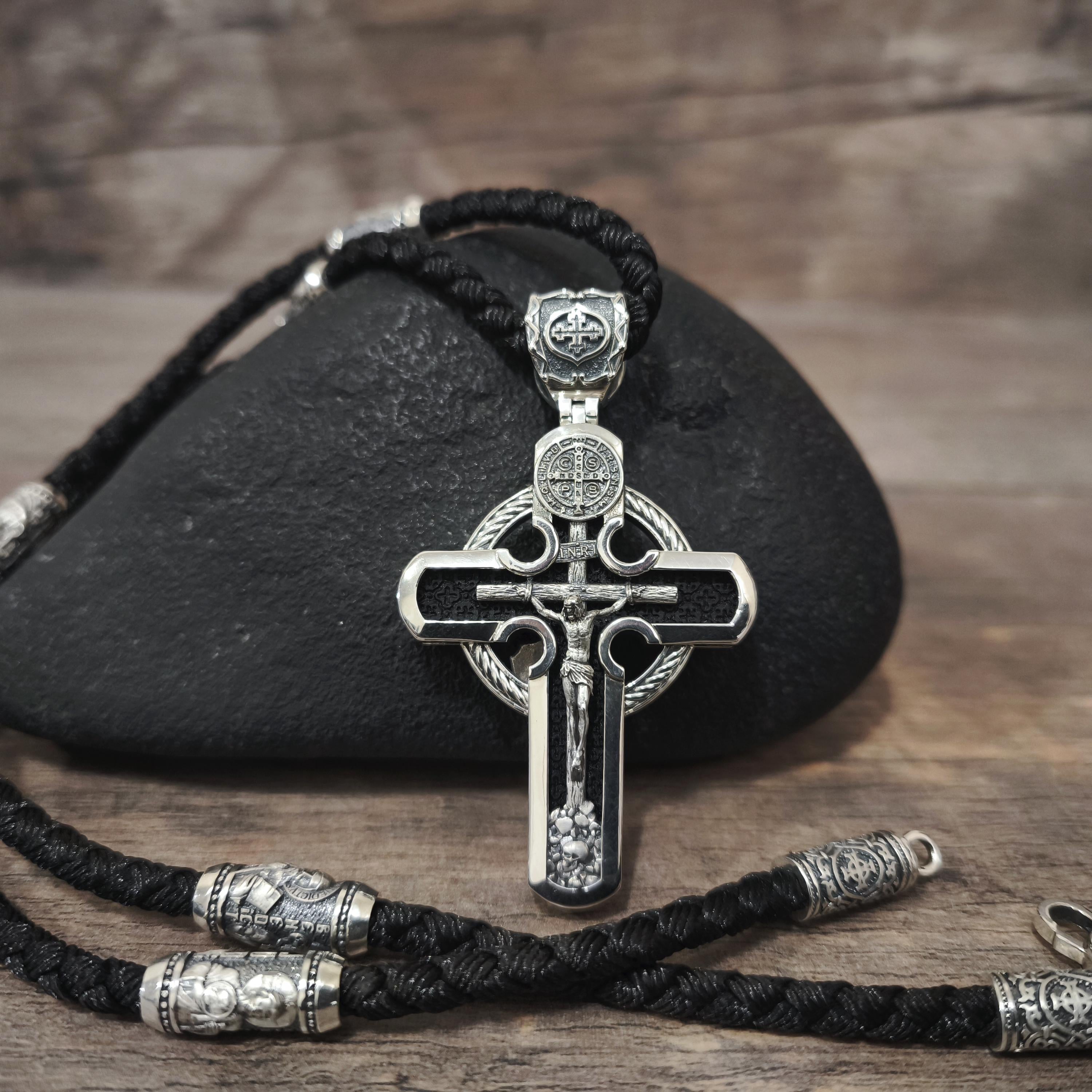 Personalized Jesus Cross Saint Benedict Crucifix Necklace Archangel Saint Michael : Sterling Silver & Ebony Wood