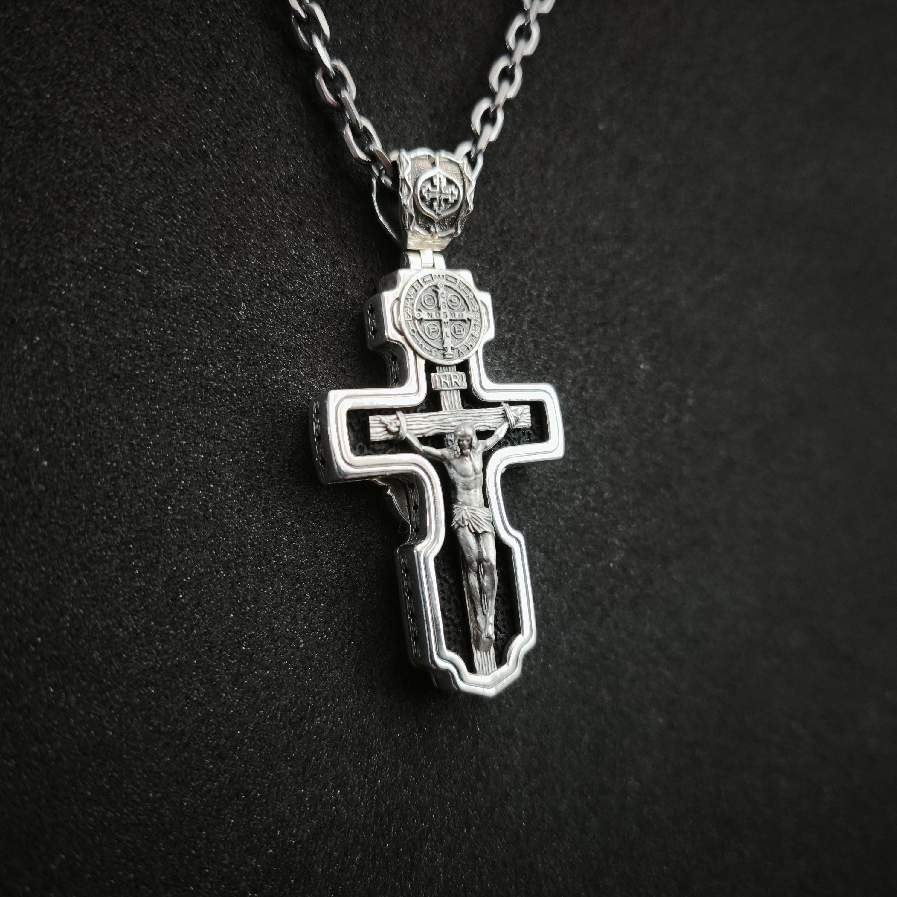 Personalized Saint Benedict Crucifix Necklace Archangel Saint Michael : Sterling Silver & Ebony Wood
