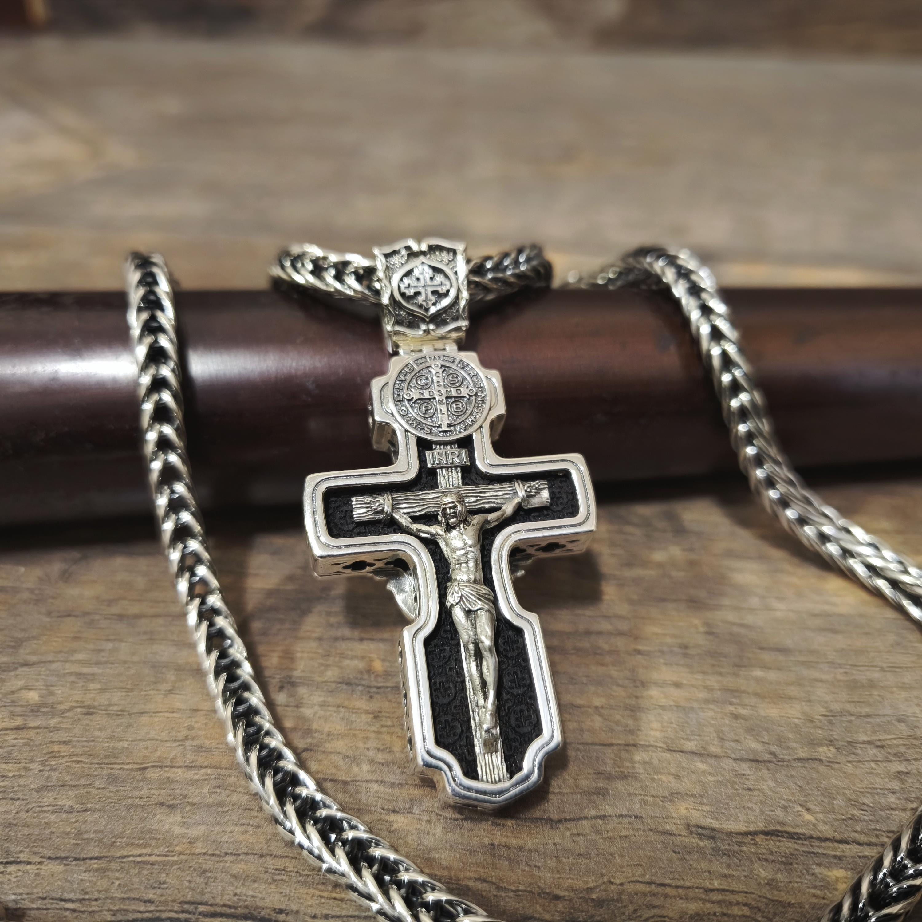 Personalized Saint Benedict Crucifix Necklace Archangel Saint Michael : Sterling Silver & Ebony Wood