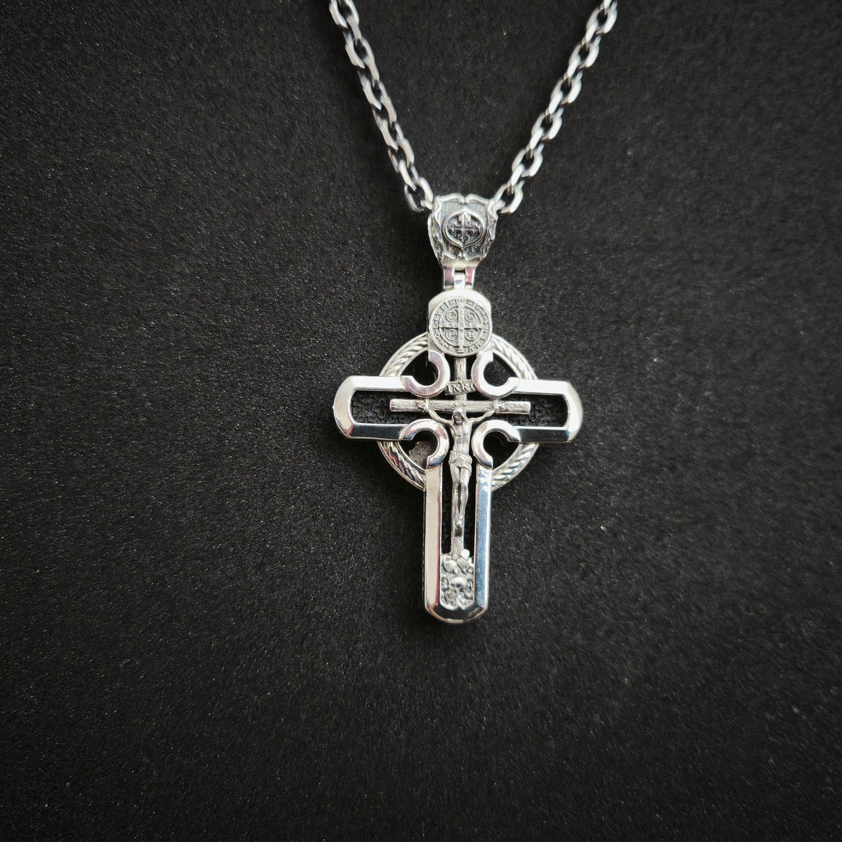 Personalized Saint Benedict Crucifix Necklace Archangel Saint Michael : Sterling Silver & Ebony Wood