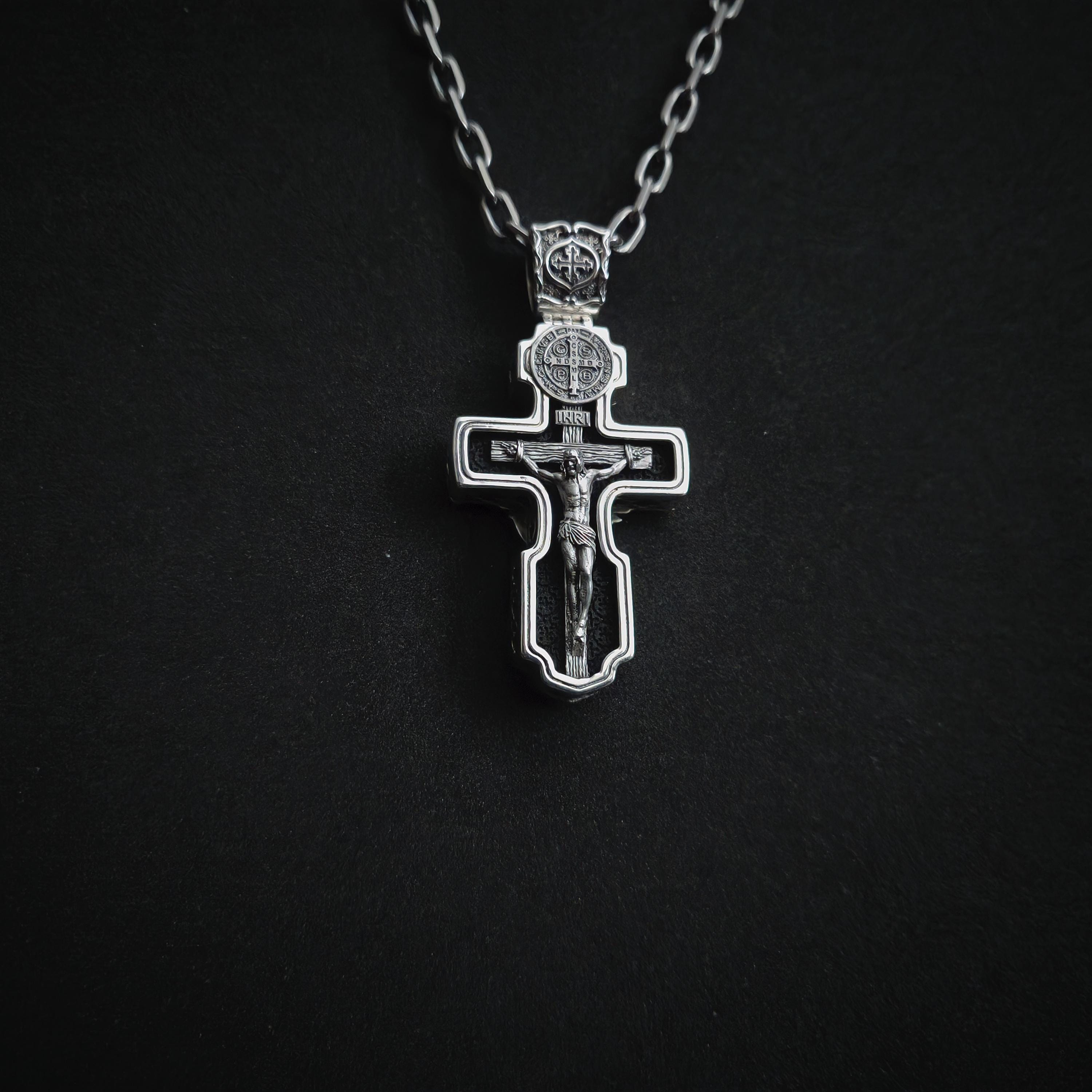 Personalized Saint Benedict Crucifix Necklace Archangel Saint Michael : Sterling Silver & Ebony Wood