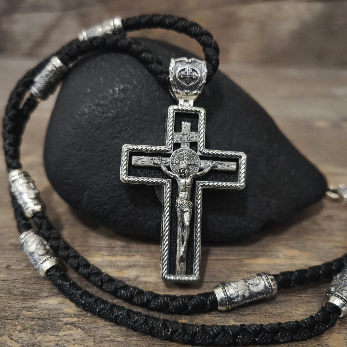 Personalized Jesus Cross Saint Benedict Crucifix Necklace Archangel Saint Michael : Sterling Silver & Ebony Wood