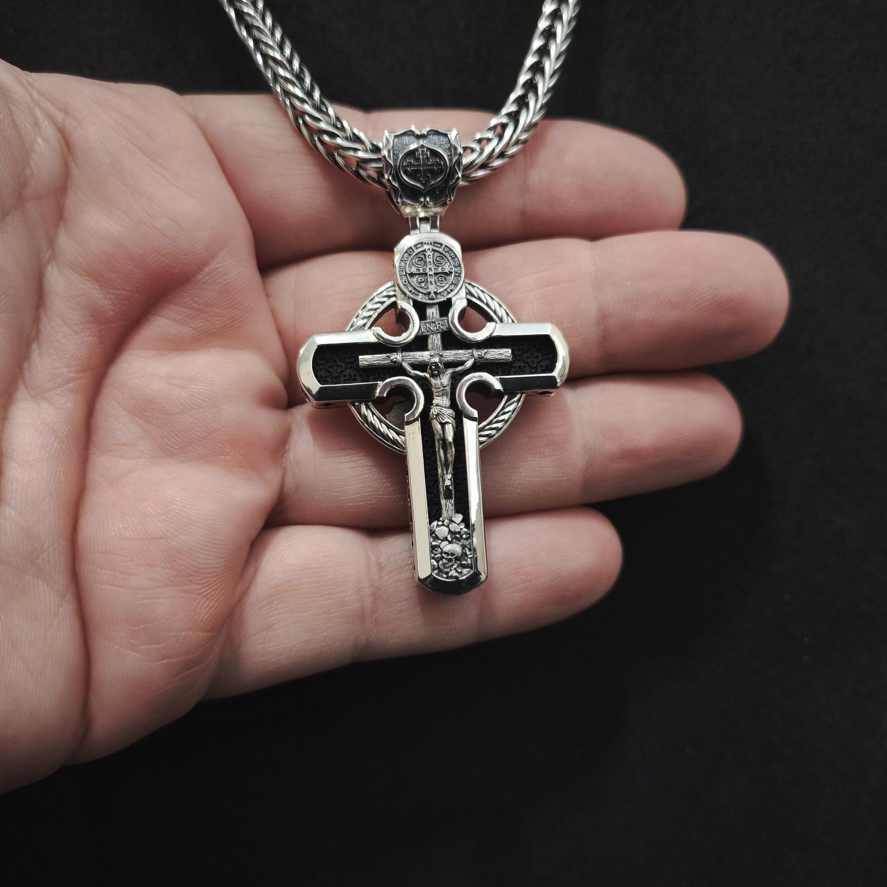 Personalized Saint Benedict Crucifix Necklace Archangel Saint Michael : Sterling Silver & Ebony Wood