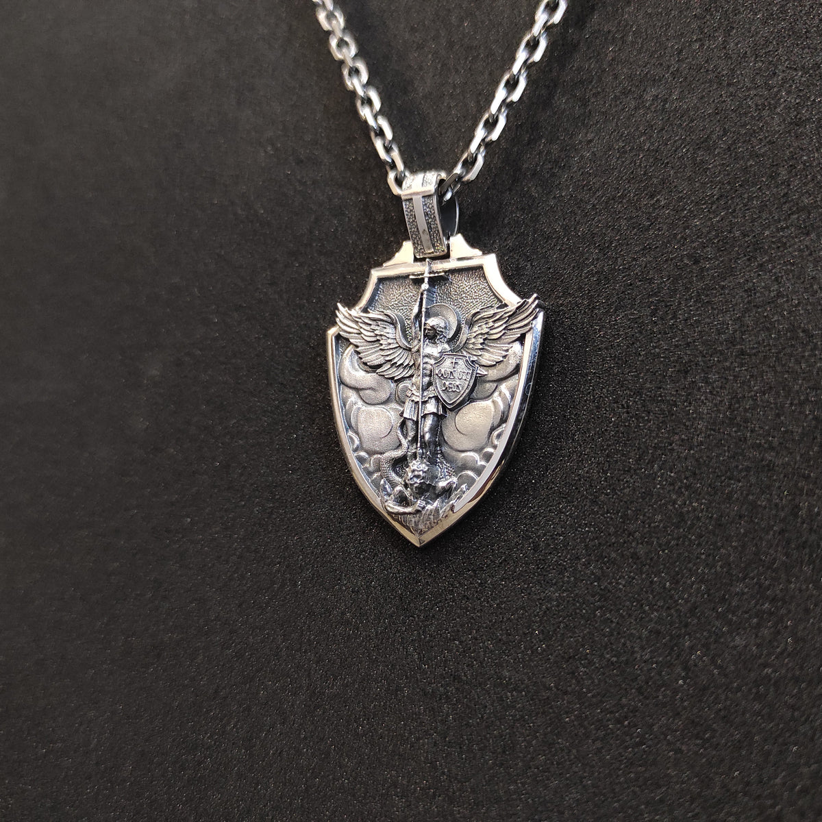 Sterling Silver Archangel Saint Michael Shield Pendant - Religious Necklace