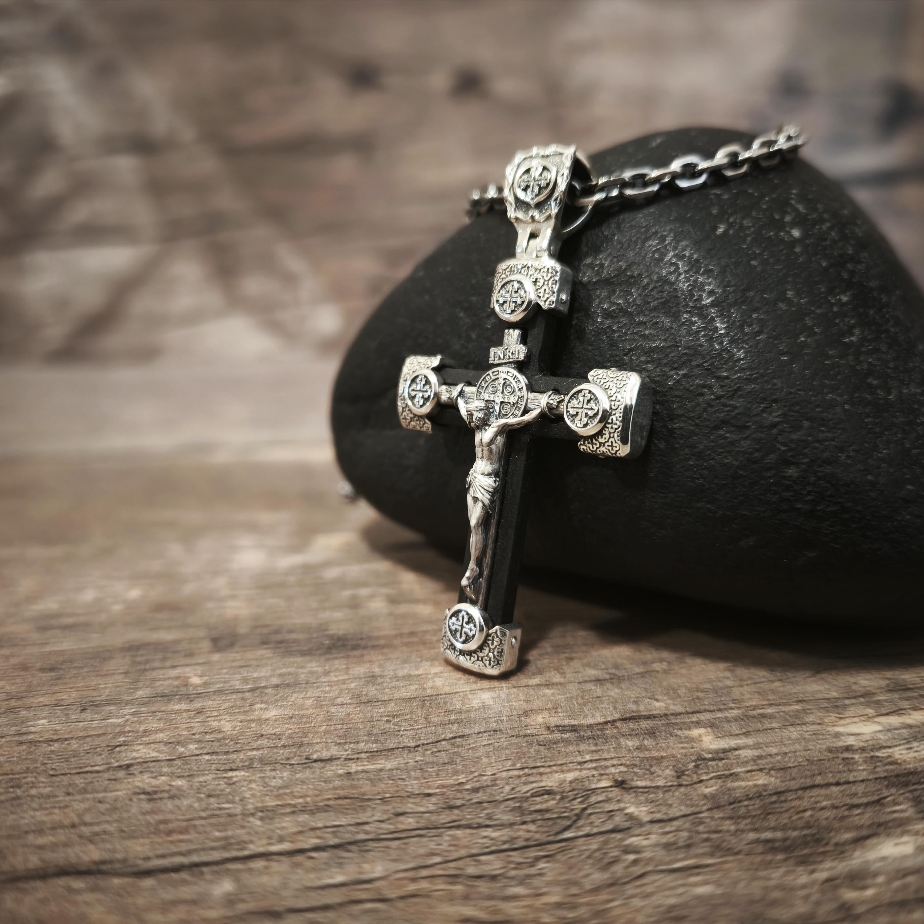 Sterling Silver Crucifix  Necklace & Ebony Wood - Religious Pendant
