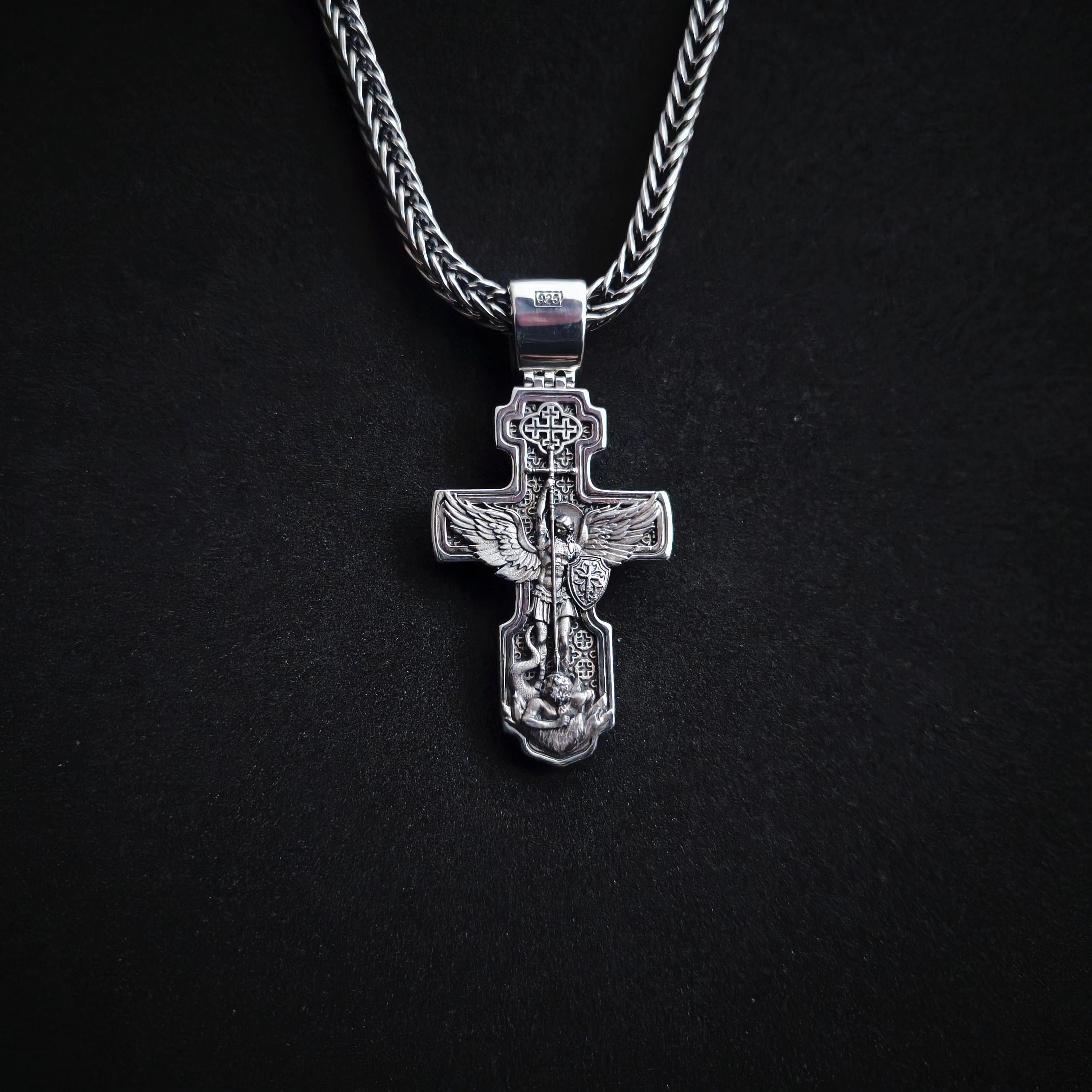 Personalized Saint Benedict Crucifix Necklace Archangel Saint Michael: Sterling Silver