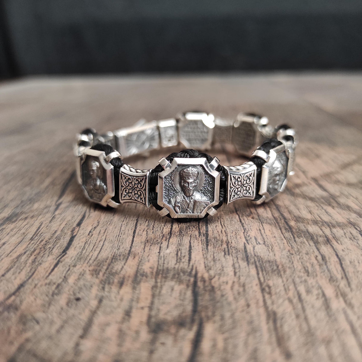 Silver Orthodox Christian Bracelet with Saints and Our Father Prayer