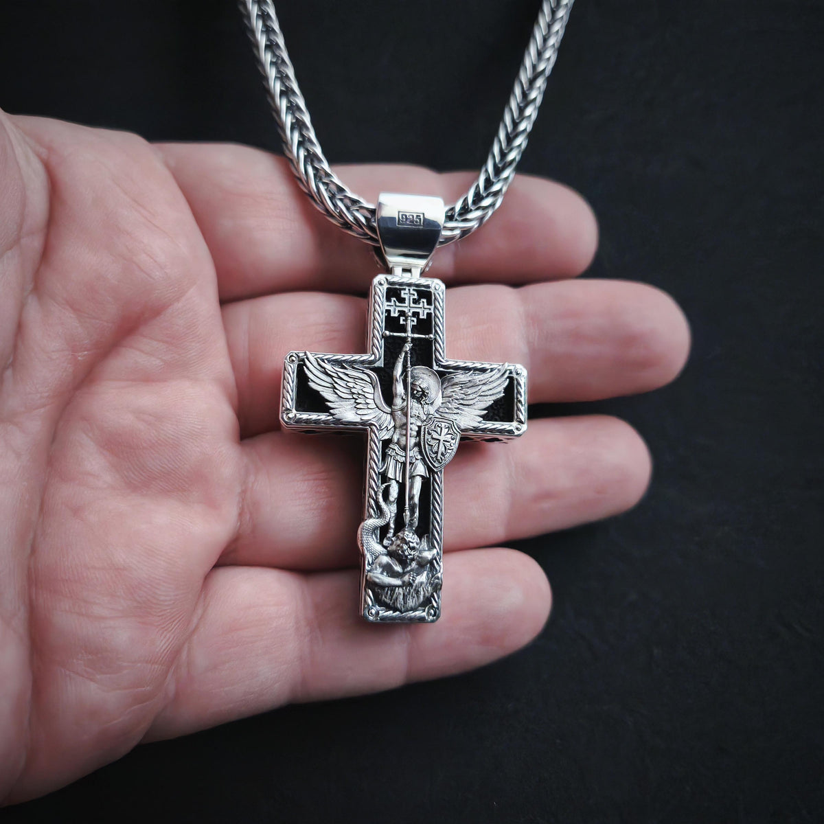 Personalized Saint Benedict Crucifix Necklace Archangel Saint Michael : Sterling Silver & Ebony Wood