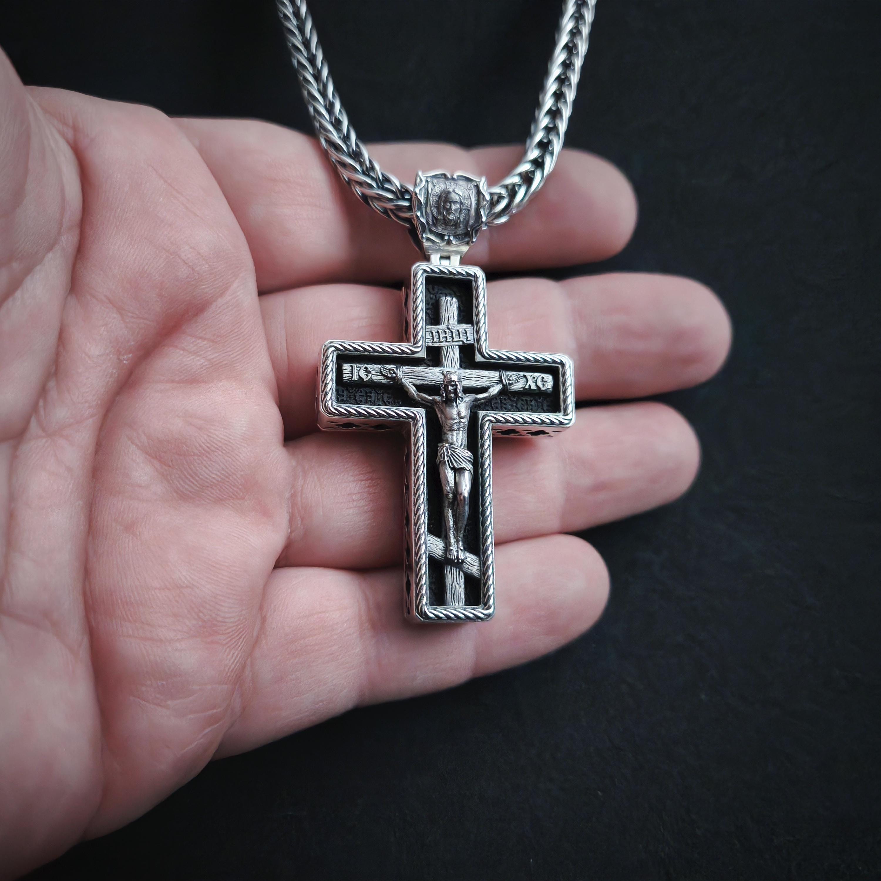 Sterling Silver Orthodox Cross Necklace - Archangel Michael, Ebony Wood