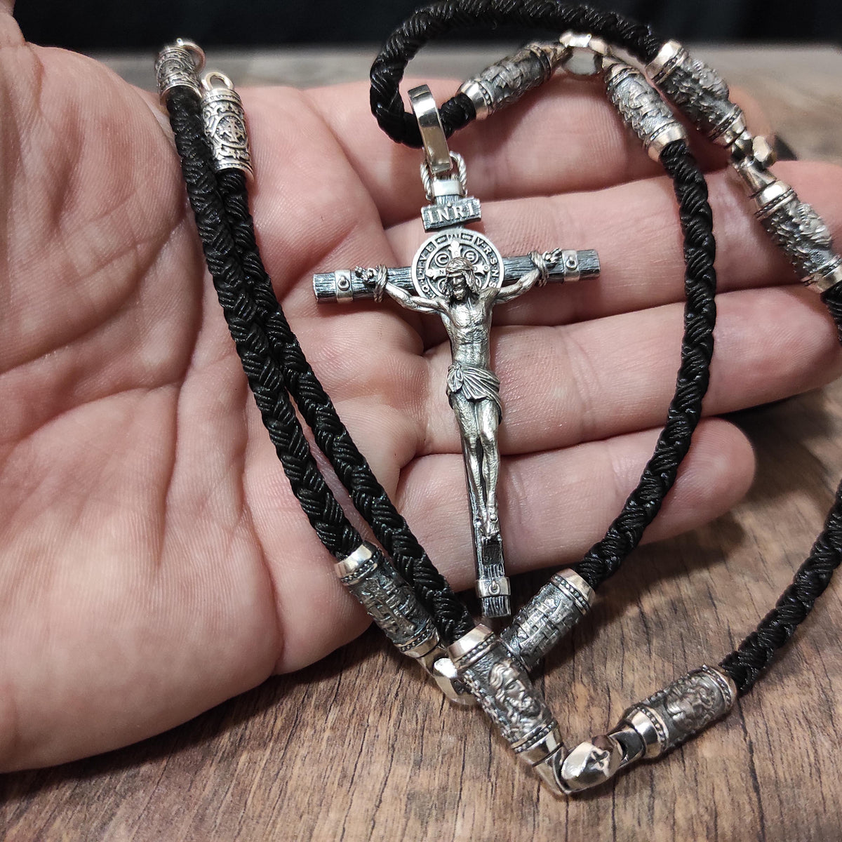 Personalized Saint Benedict Silver Crucifix Necklace: Handmade Exorcism Cross