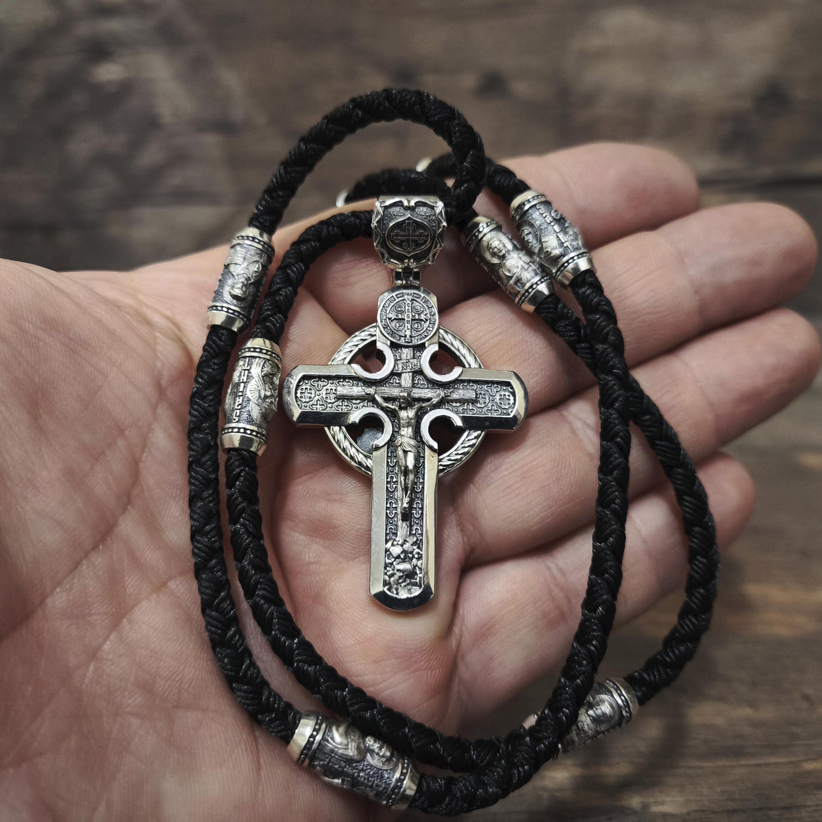Personalized Jesus Cross Saint Benedict Crucifix Necklace Archangel Saint Michael : Sterling Silver