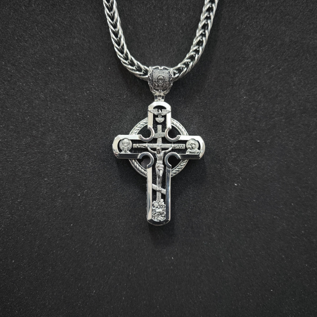 Sterling Silver Orthodox Cross Necklace - Archangel Michael, Ebony Wood