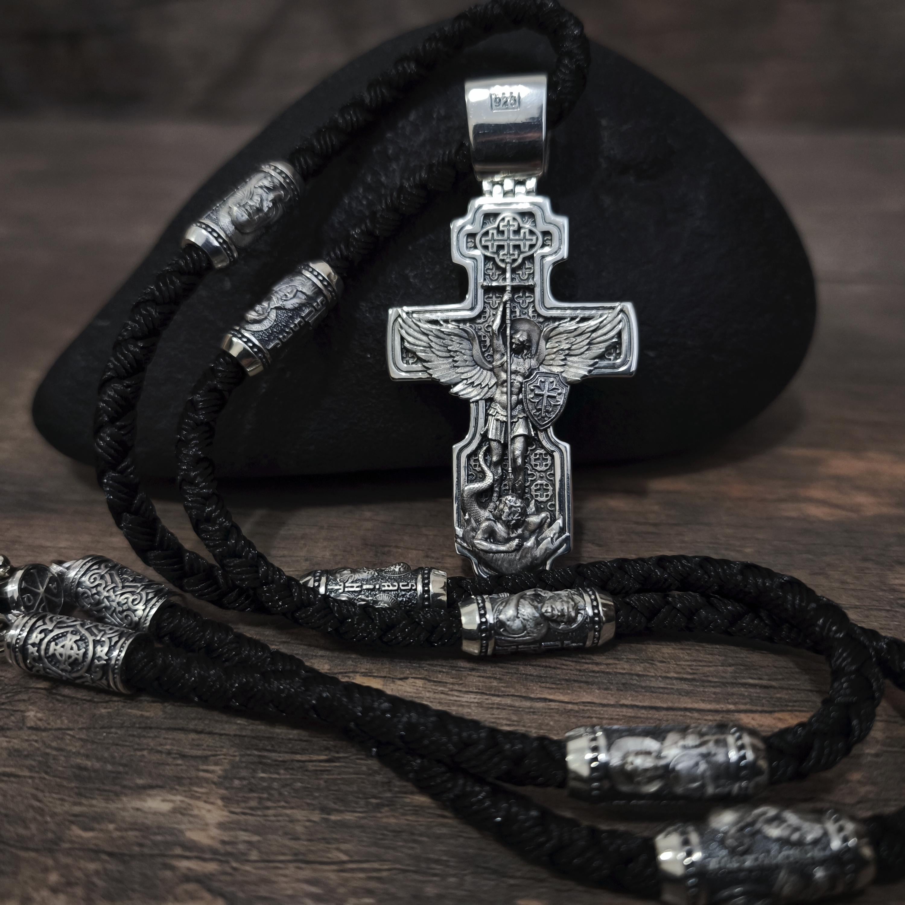 Personalized Jesus Cross Saint Benedict Crucifix Necklace Archangel Saint Michael : Sterling Silver