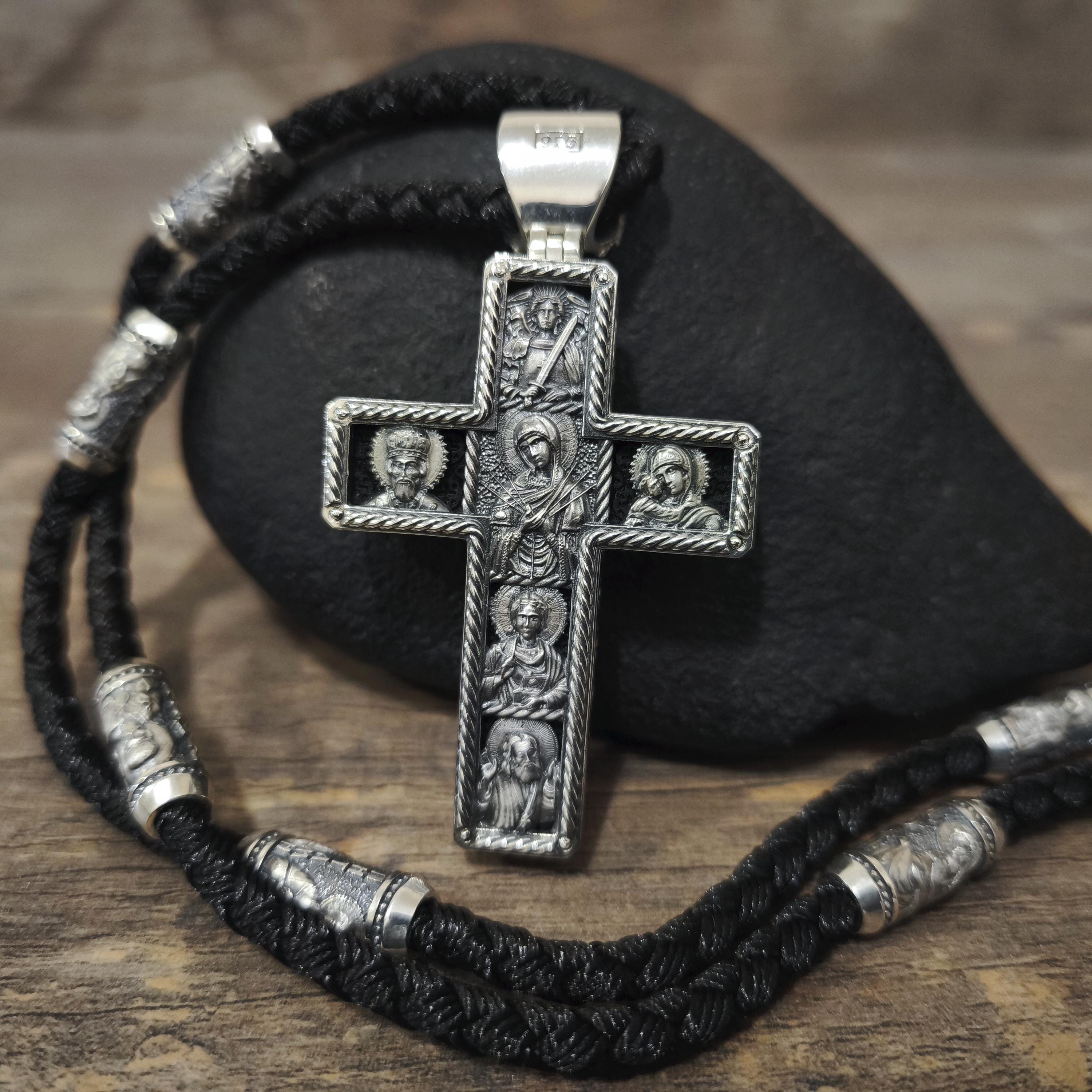 Sterling Silver Orthodox Crucifix Necklace: Jesus Cross Pendant, Ebony Wood
