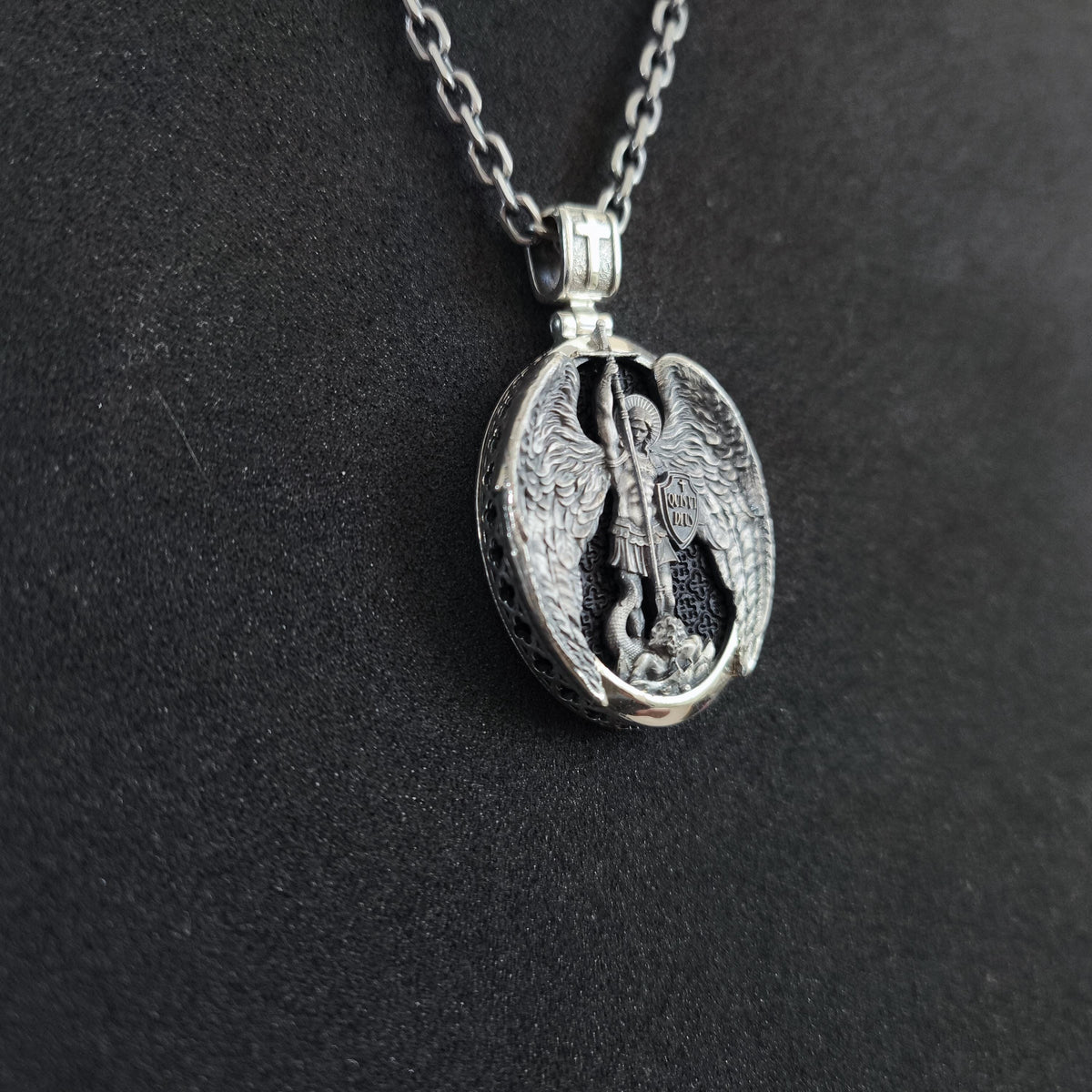 Sterling Silver Archangel Michael Pendant - Ebony Wood Religious Necklace
