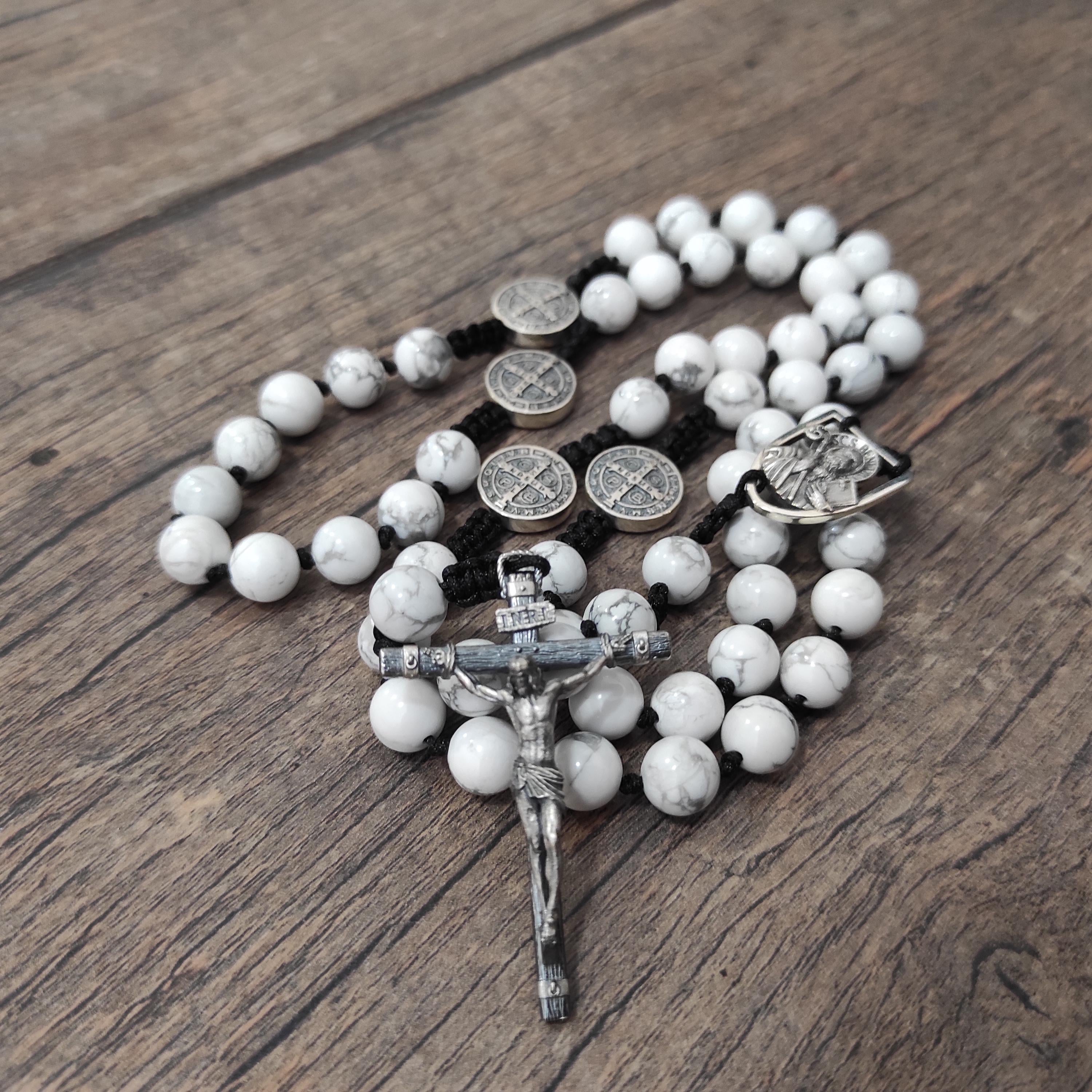 Sterling Silver Saint Benedict Rosary: White Howlite Beads, Catholic Exorcism Pendant
