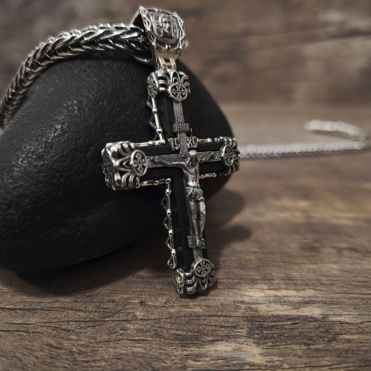 Sterling Silver Orthodox Crucifix Necklace & Ebony Wood - Religious Pendant