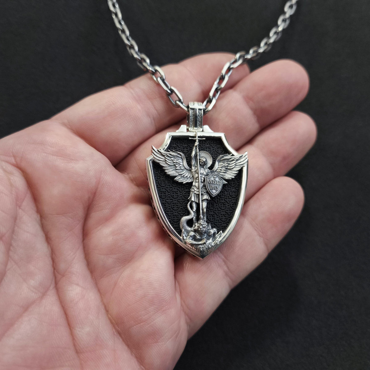 Personalized Sterling Silver Archangel Michael Shield Necklace - Ebony Wood Pendant