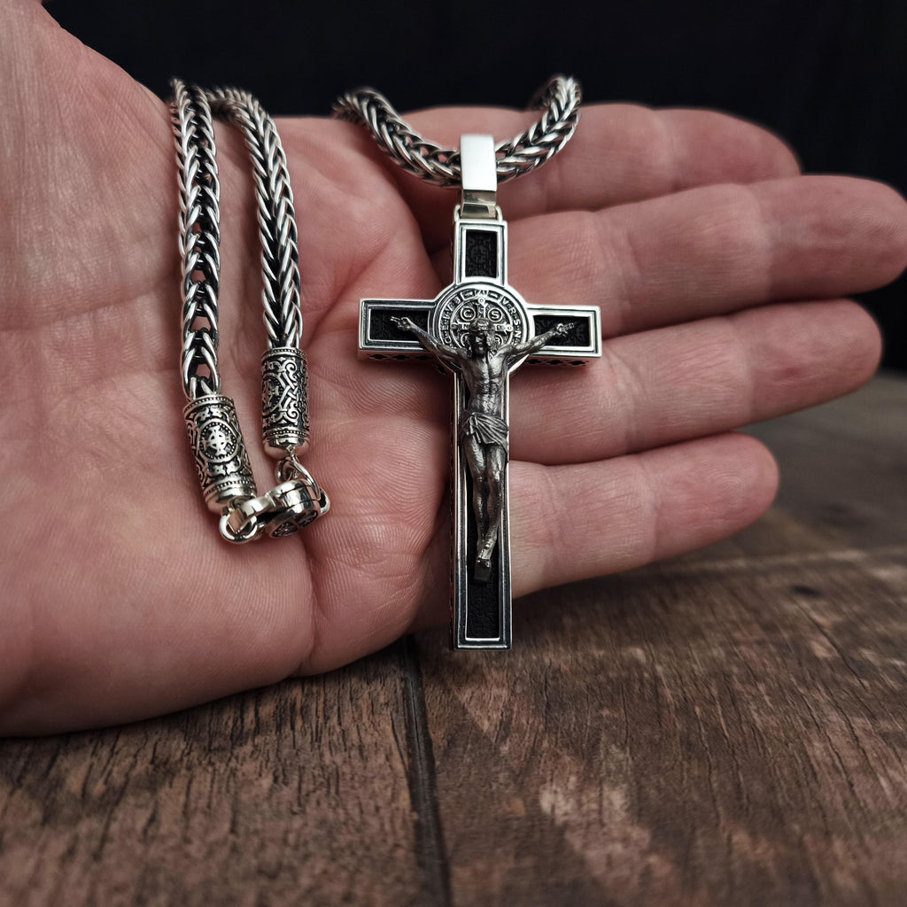 Personalized Saint Benedict Crucifix Necklace: Sterling Silver & Ebony Wood