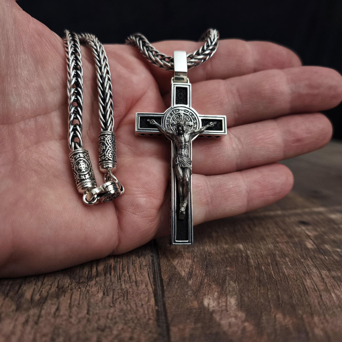 Personalized Saint Benedict Crucifix Necklace: Sterling Silver & Ebony Wood