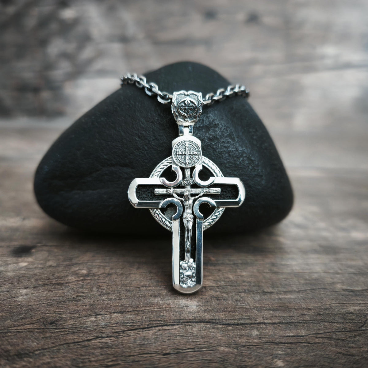 Personalized Saint Benedict Crucifix Necklace Archangel Saint Michael : Sterling Silver & Ebony Wood