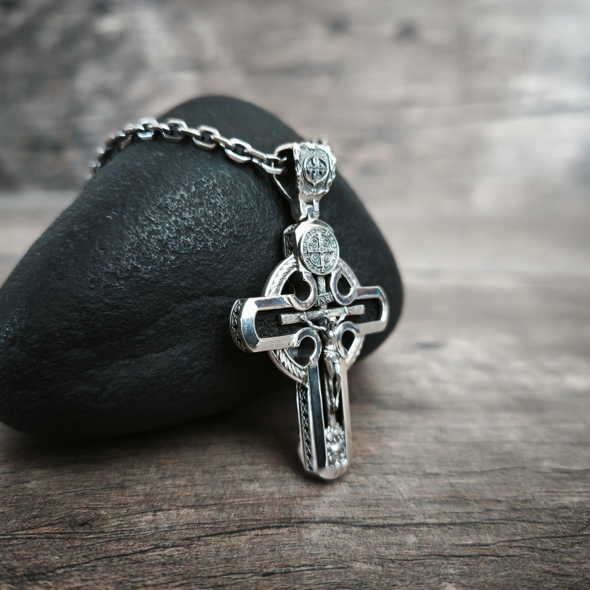 Personalized Saint Benedict Crucifix Necklace Archangel Saint Michael : Sterling Silver & Ebony Wood