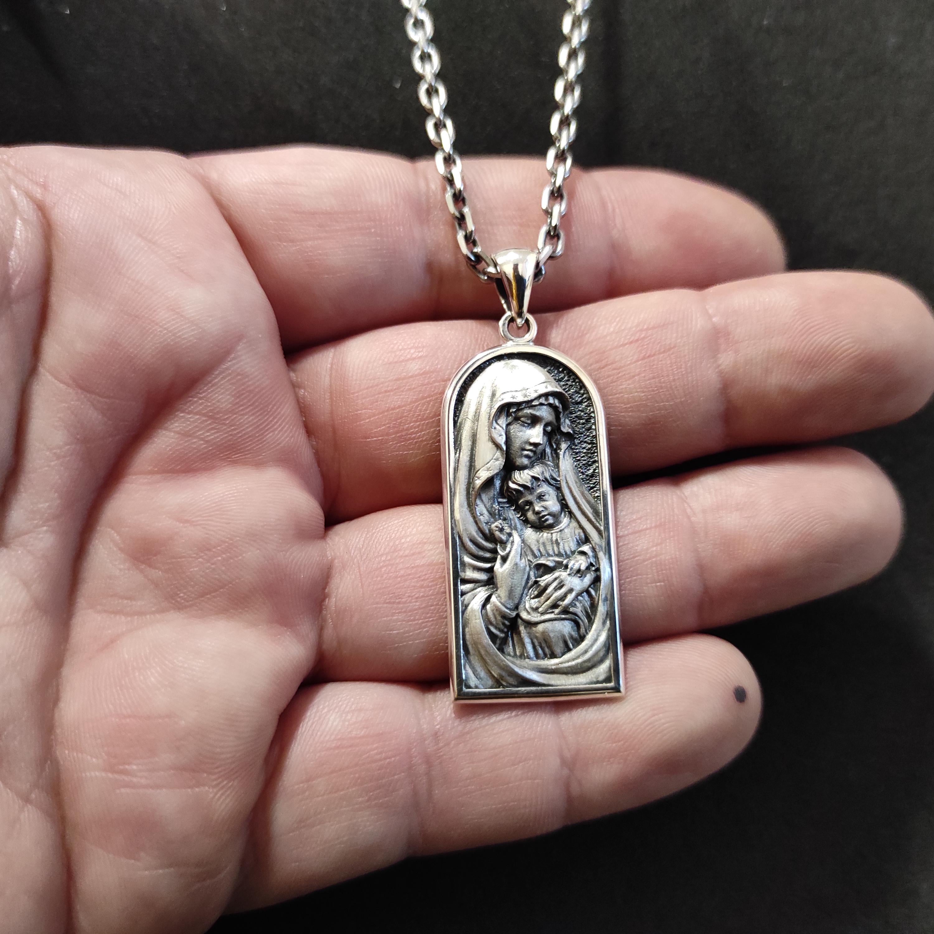 Sterling Silver Miraculous Medal Necklace: Virgin Mary & Baby Jesus