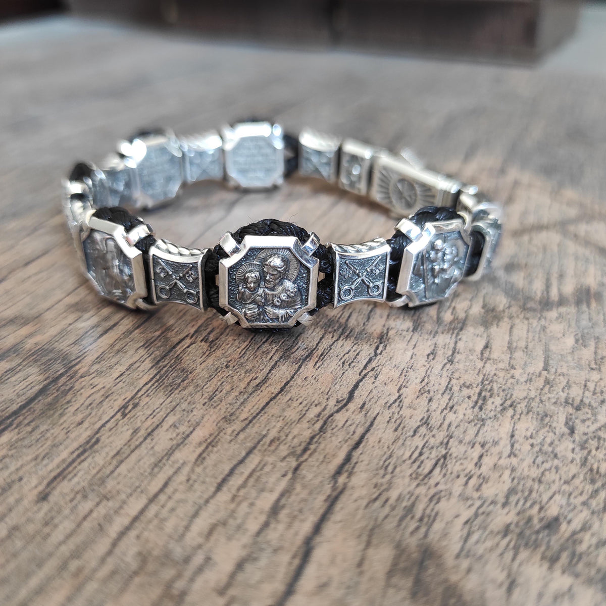 Christian Silver Saints Bracelet: Our Father Prayer, Silk Cord
