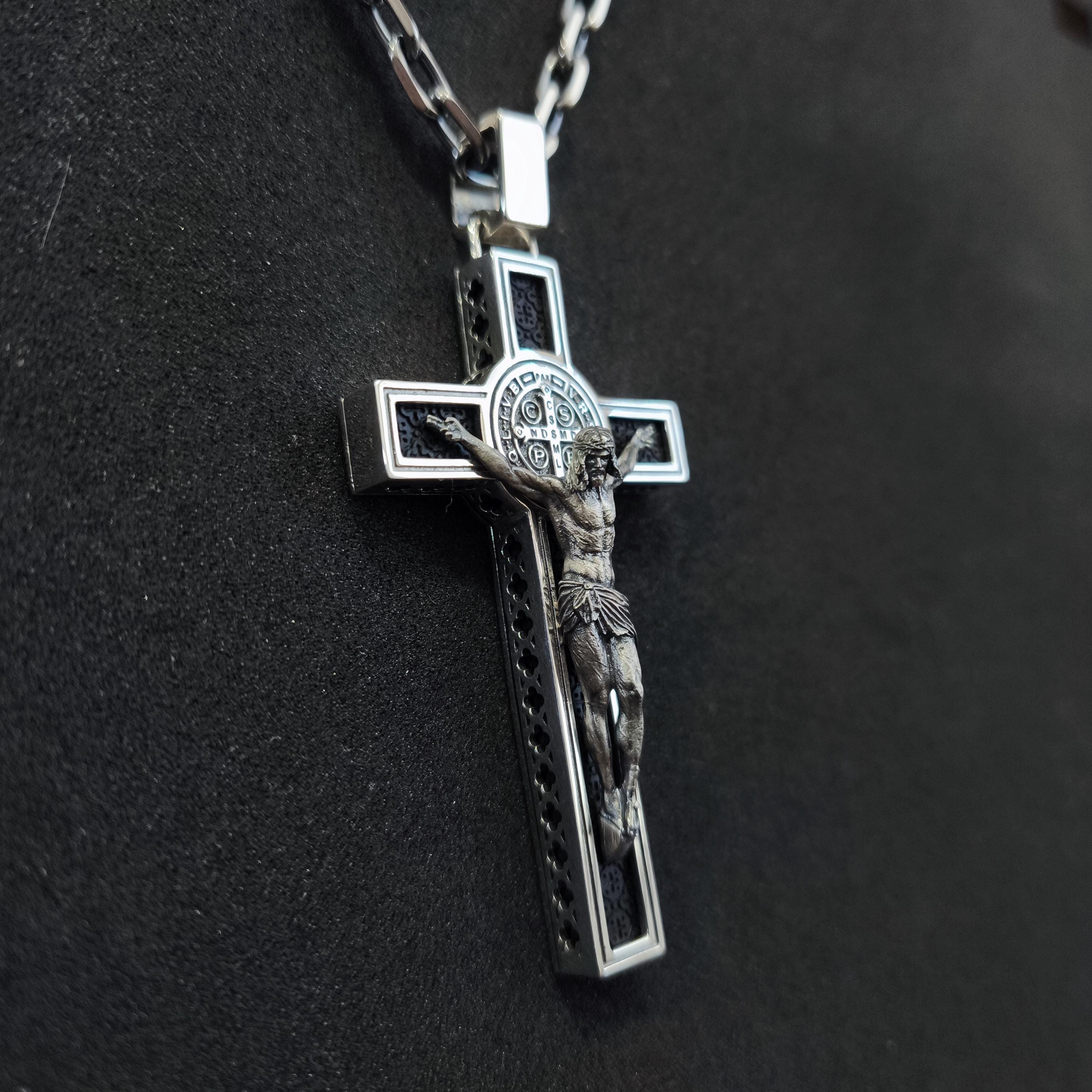 Personalized Saint Benedict Crucifix Necklace: Sterling Silver & Ebony Wood