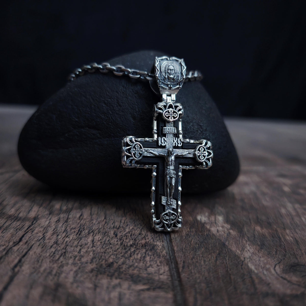 Sterling Silver Orthodox Crucifix Necklace & Ebony Wood - Religious Pendant