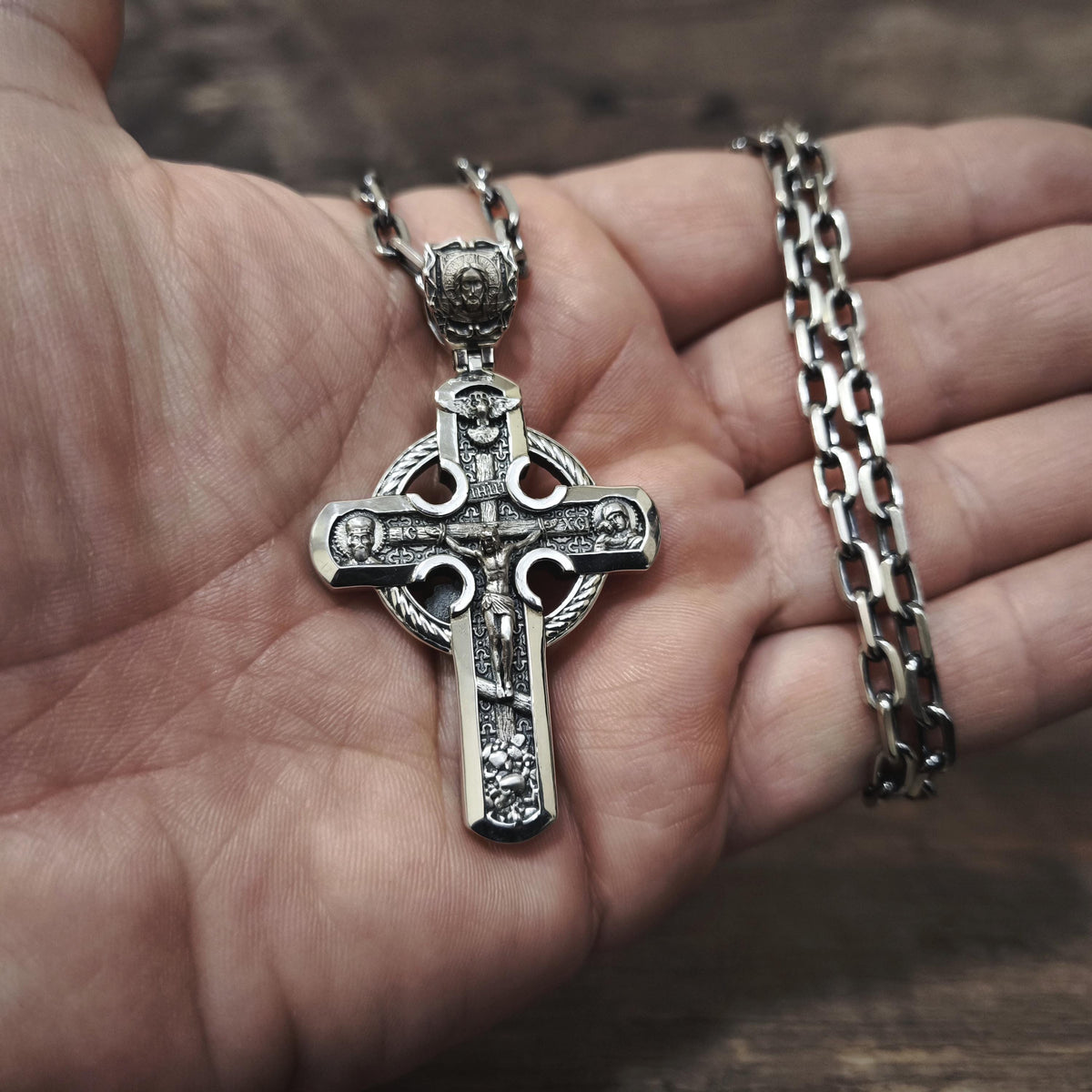 Sterling Silver Orthodox Crucifix Necklace Archangel Saint Michael - Religious Pendant
