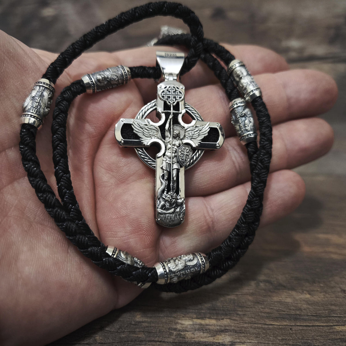 Personalized Jesus Cross Saint Benedict Crucifix Necklace Archangel Saint Michael : Sterling Silver & Ebony Wood