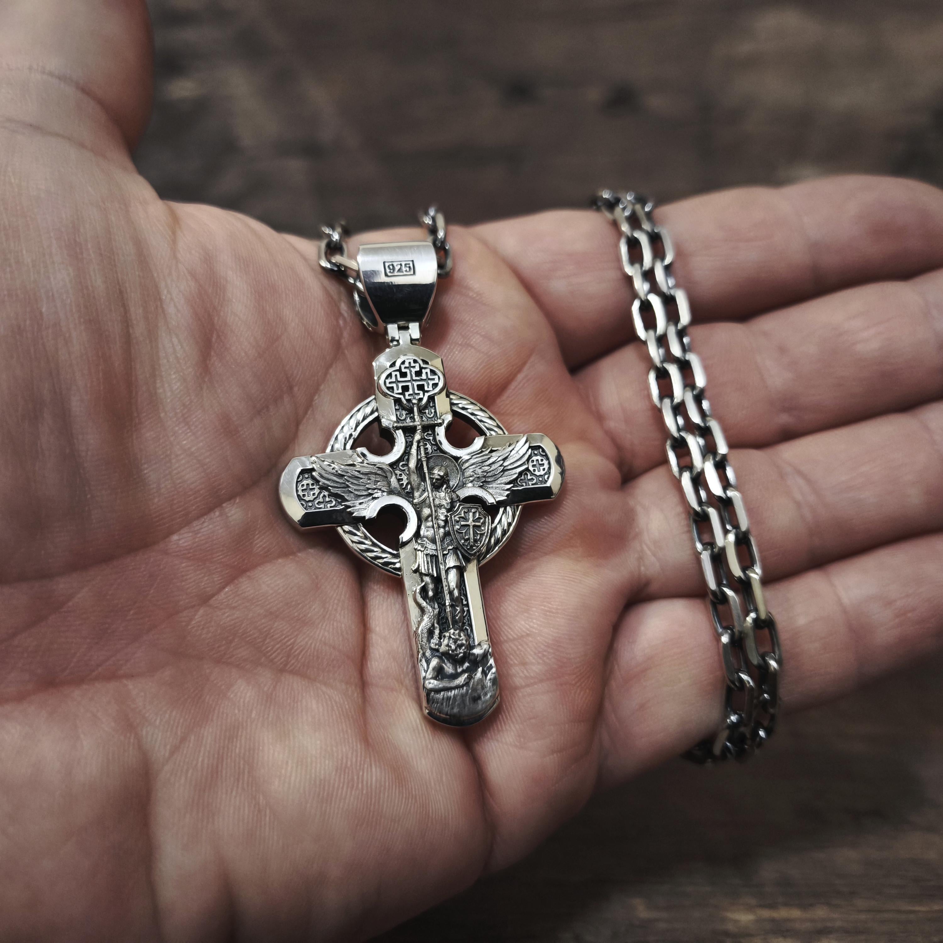 Personalized Jesus Cross Saint Benedict Crucifix Necklace Archangel Saint Michael: Sterling Silver
