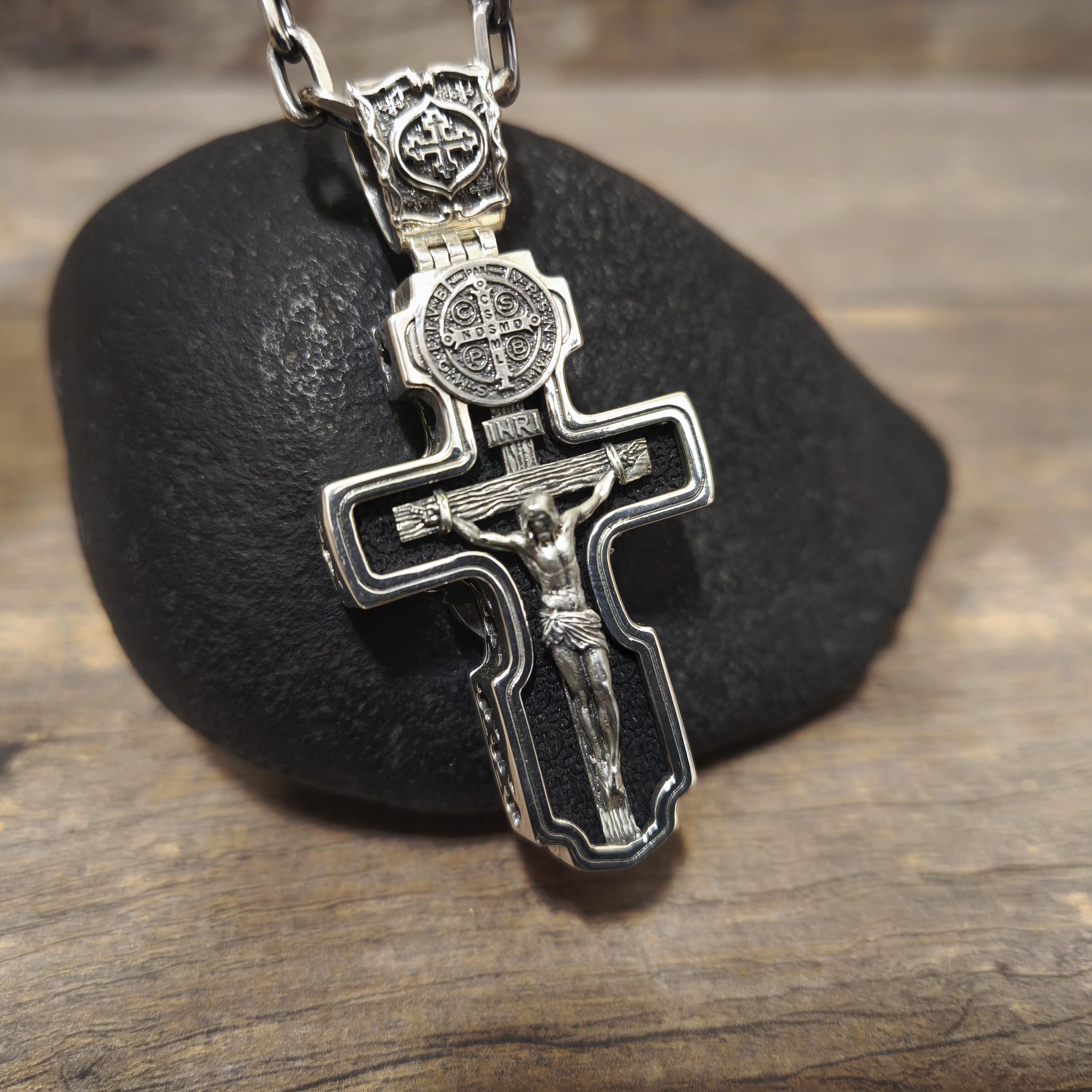 Personalized Saint Benedict Crucifix Necklace Archangel Saint Michael : Sterling Silver & Ebony Wood