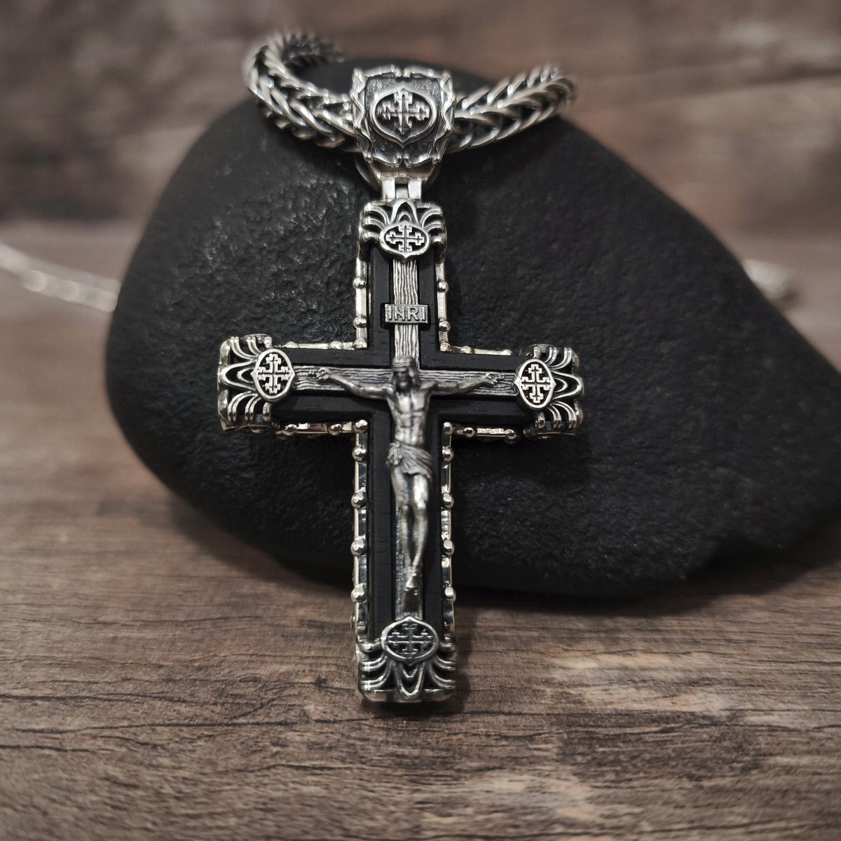 Sterling Silver Crucifix Archangel Michael Necklace & Ebony Wood - Religious Pendant
