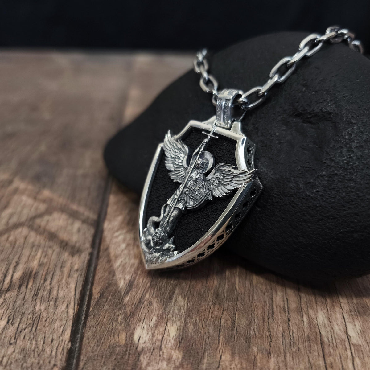 Personalized Sterling Silver Archangel Michael Shield Necklace - Ebony Wood Pendant