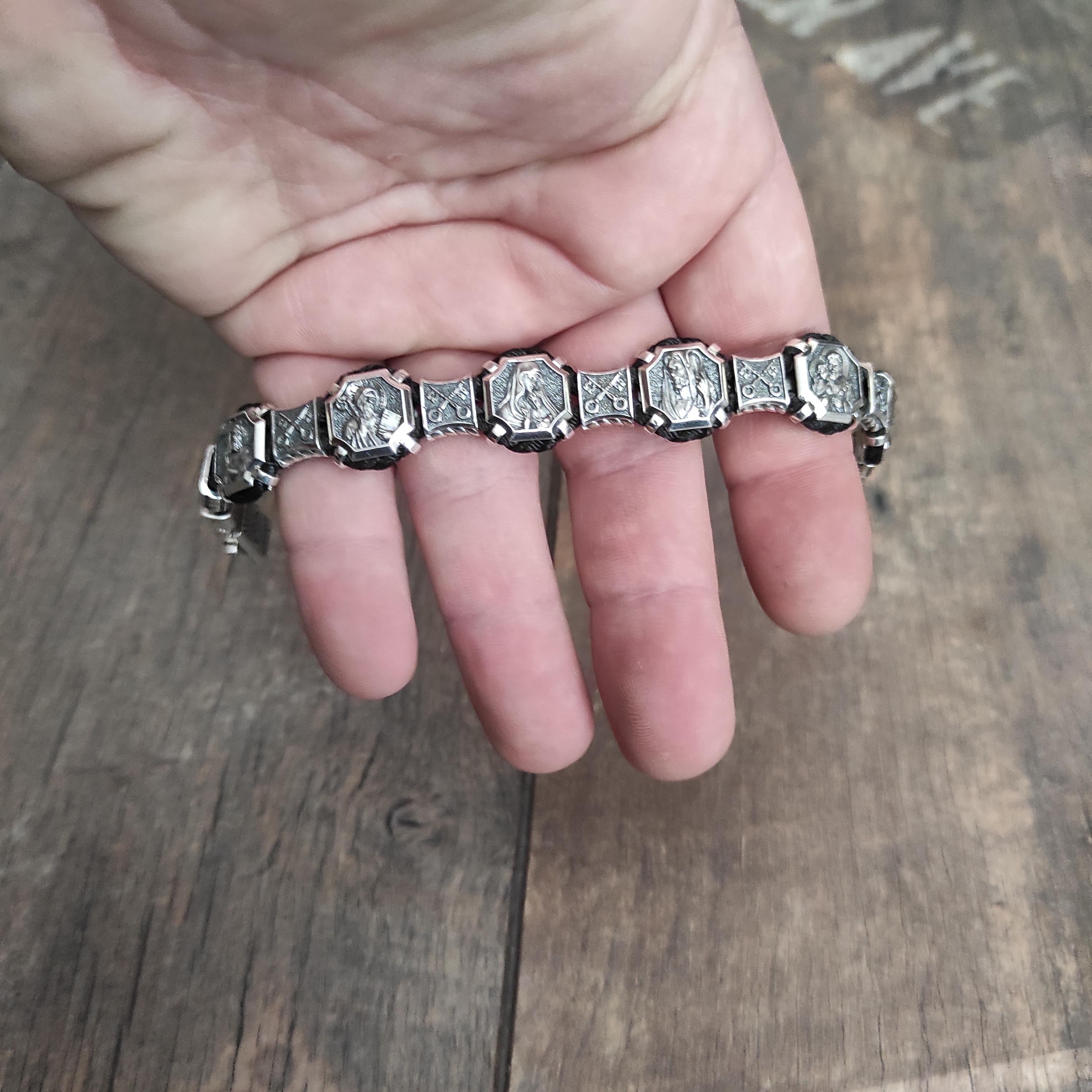 Christian Silver Saints Bracelet: Our Father Prayer, Silk Cord