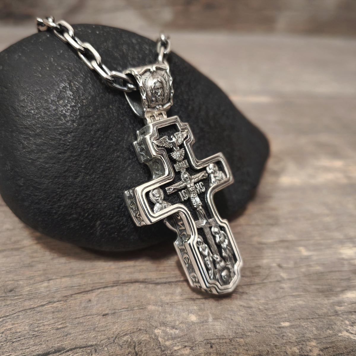 Sterling Silver Orthodox Crucifix Necklace Archangel Saint Michael & Ebony Wood - Religious Pendant
