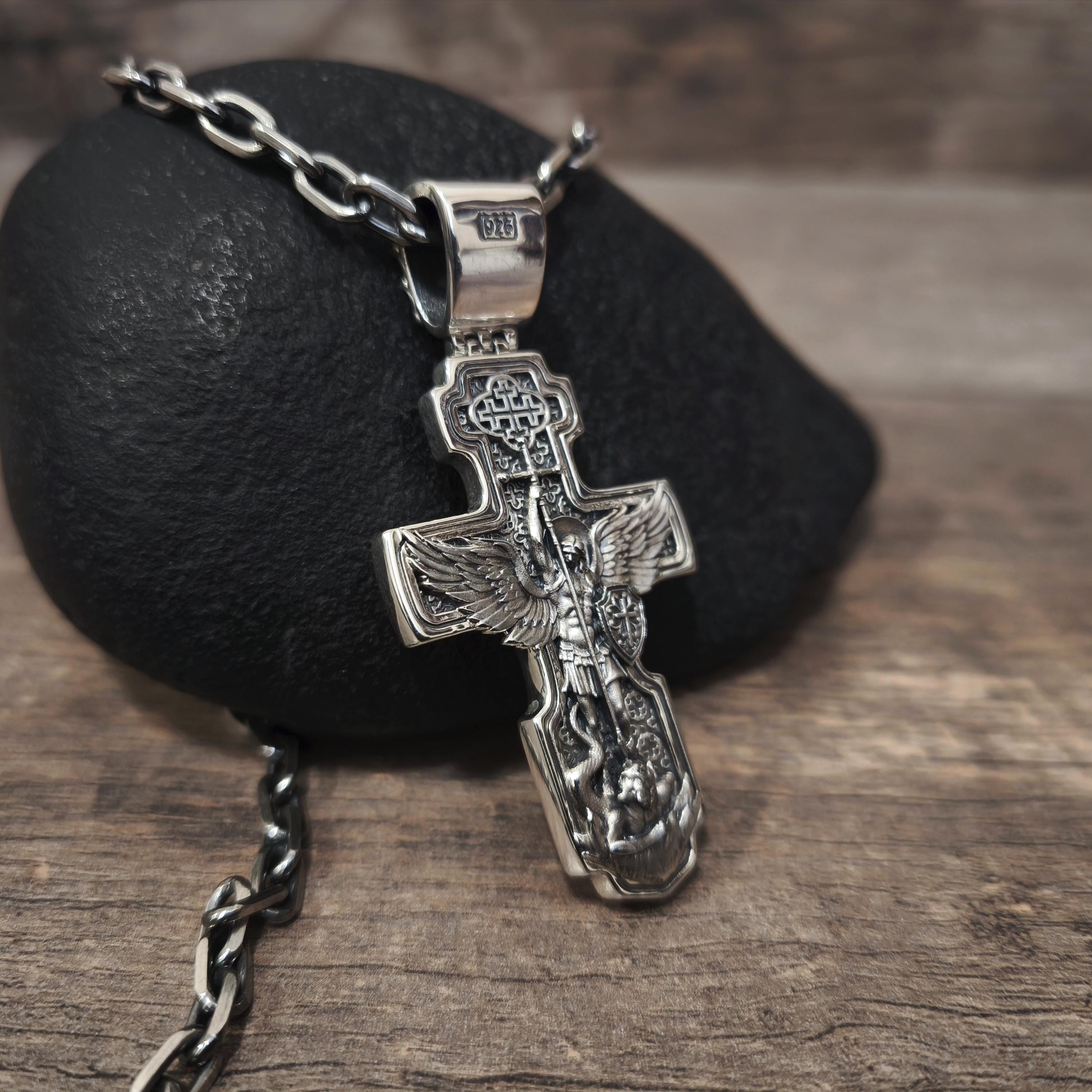 Personalized Jesus Cross Saint Benedict Crucifix Necklace Archangel Saint Michael: Sterling Silver
