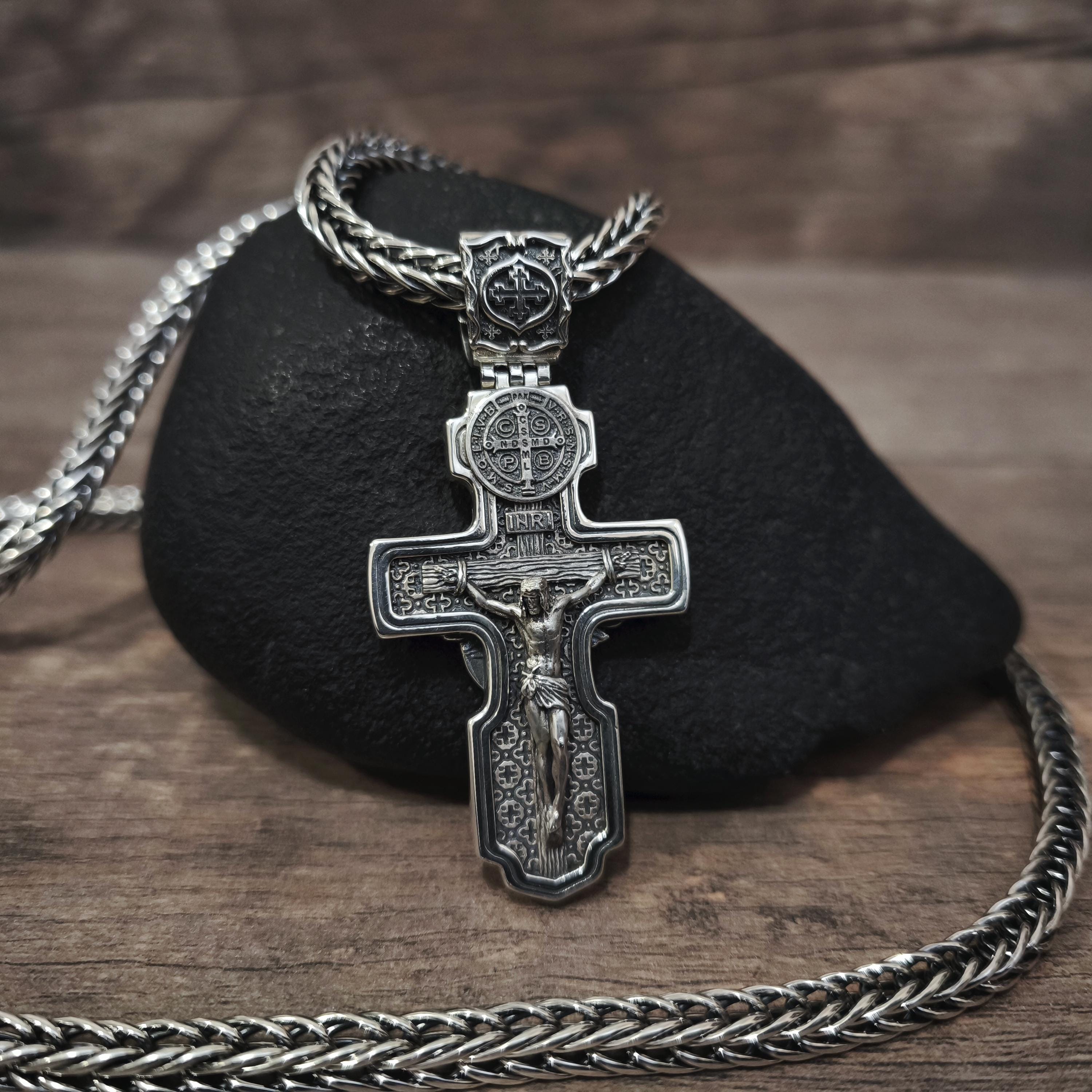 Personalized Saint Benedict Crucifix Necklace Archangel Saint Michael: Sterling Silver