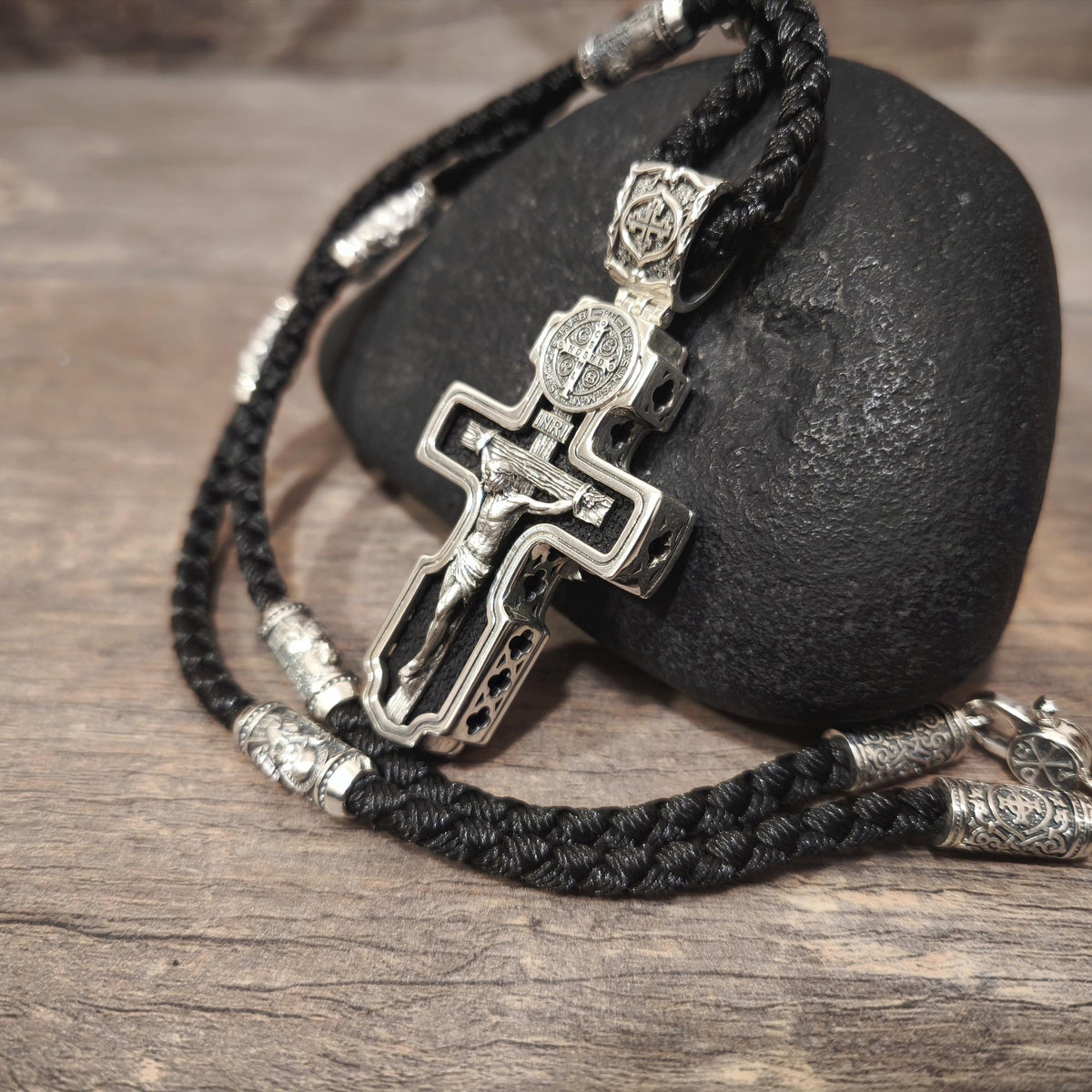 Personalized Jesus Cross Saint Benedict Crucifix Necklace Archangel Saint Michael : Sterling Silver & Ebony Wood