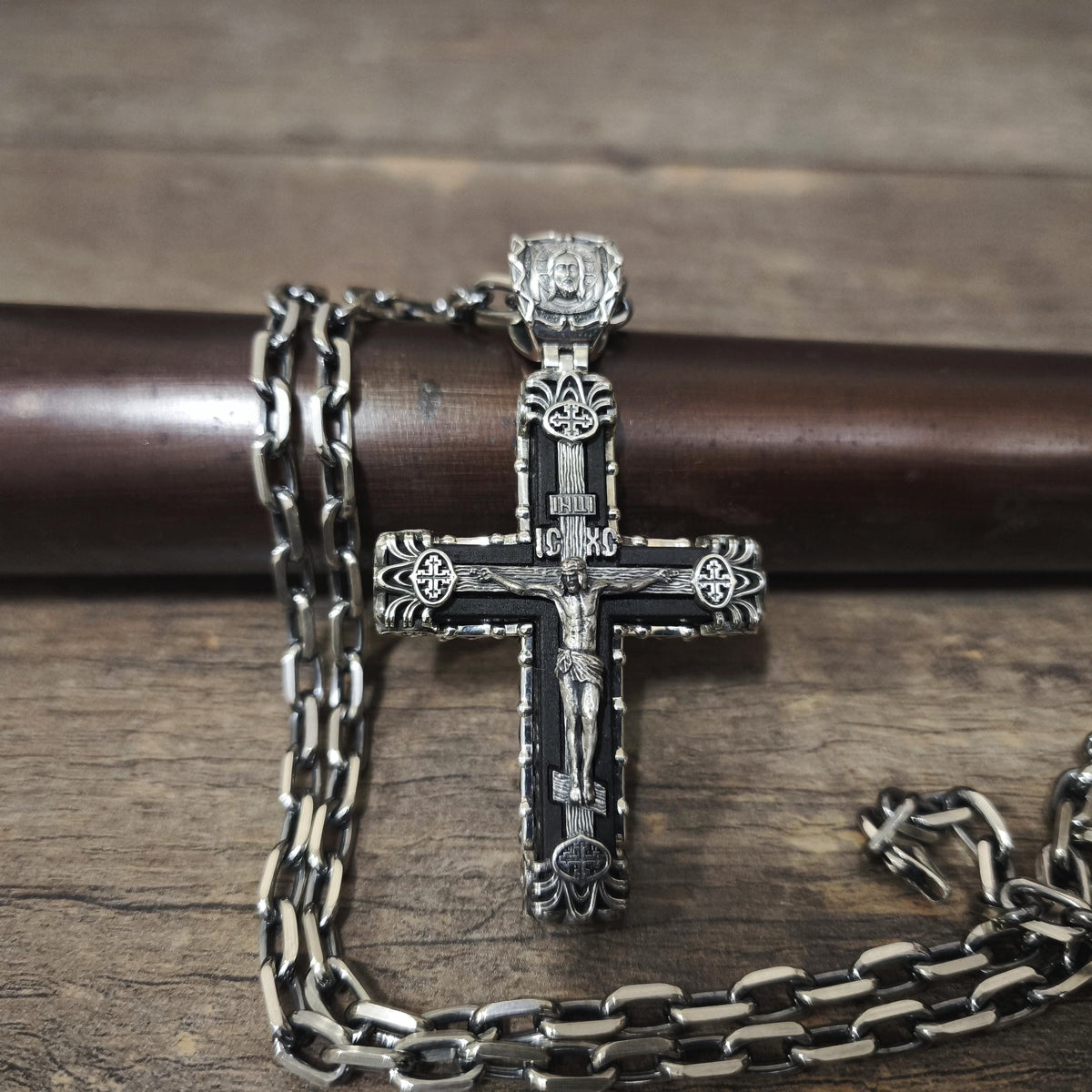 Sterling Silver Orthodox Crucifix Necklace & Ebony Wood - Religious Pendant