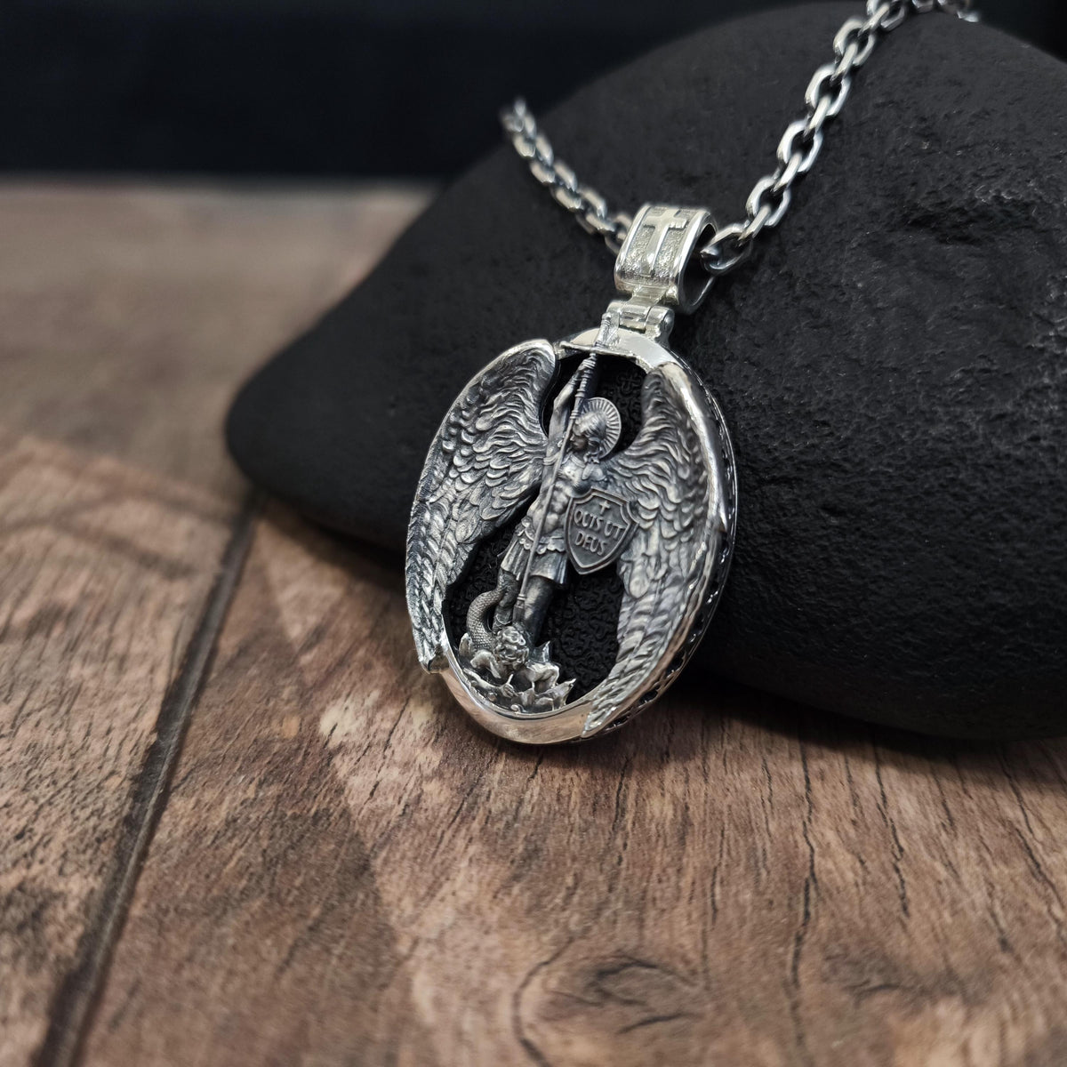 Sterling Silver Archangel Michael Pendant - Ebony Wood Religious Necklace