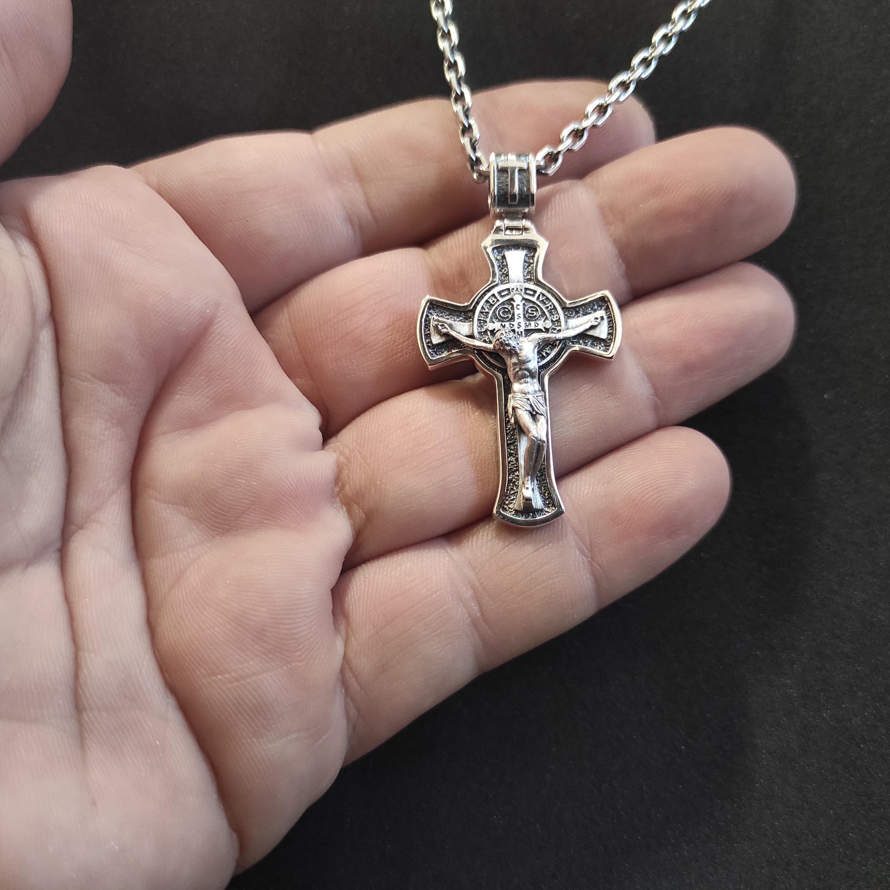 Personalized Saint Benedict Silver Crucifix Necklace: Handmade Exorcism Cross Pendant