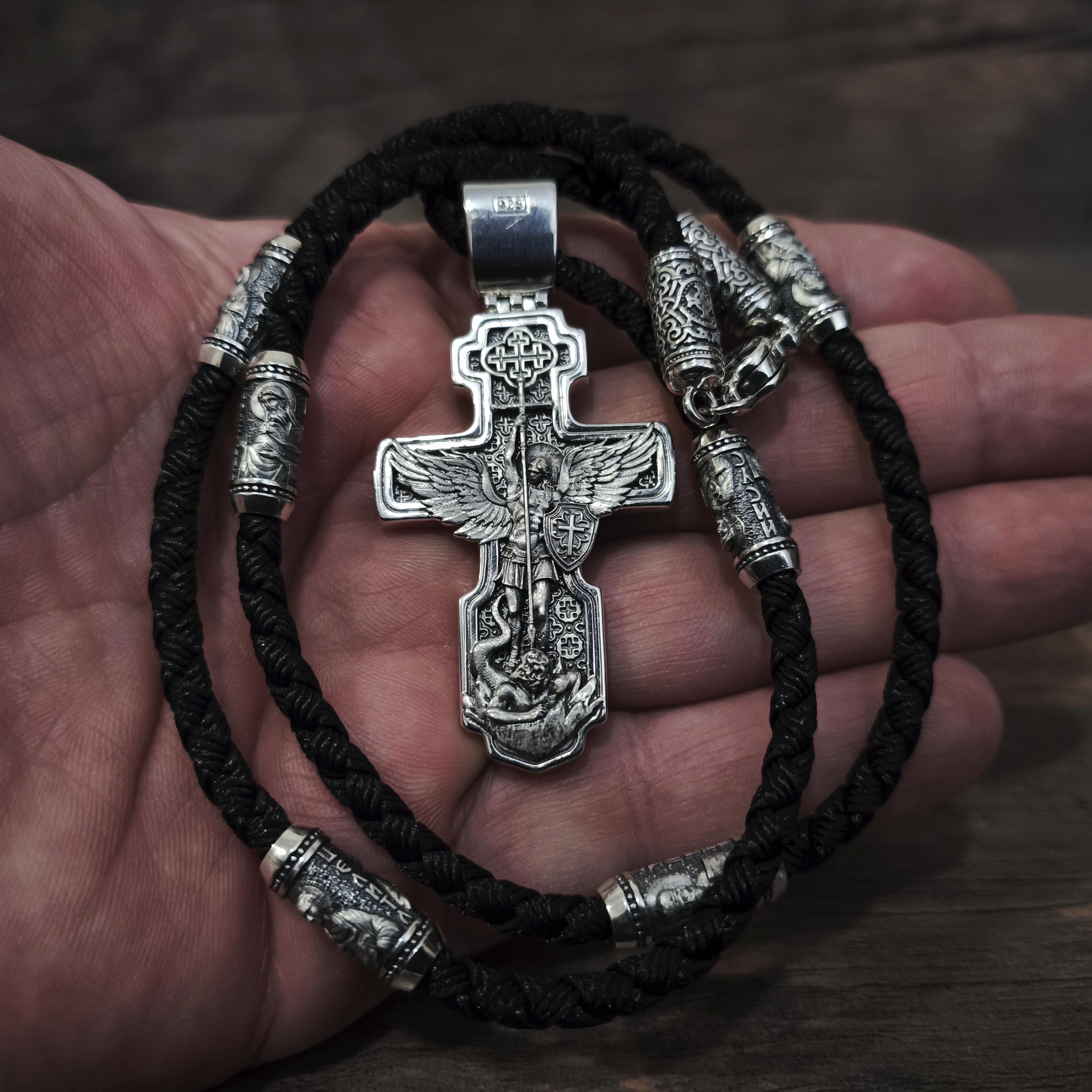 Sterling Silver Orthodox Crucifix Jesus Cross Necklace Archangel Saint Michael : Religious Pendant