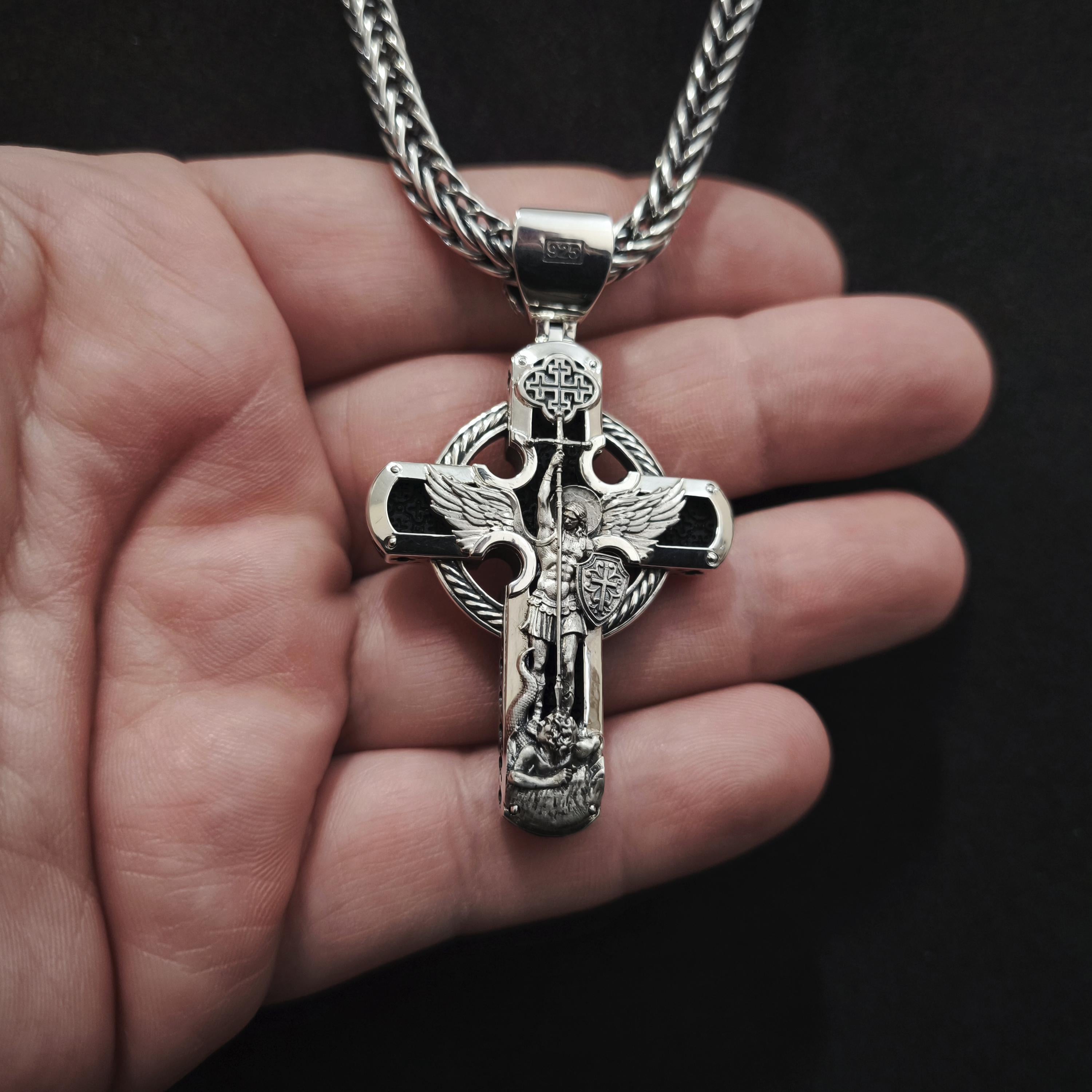 Personalized Saint Benedict Crucifix Necklace Archangel Saint Michael : Sterling Silver & Ebony Wood