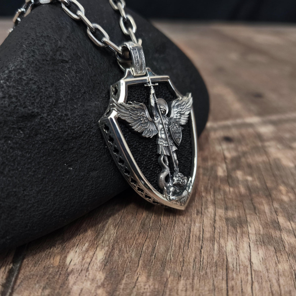Personalized Sterling Silver Archangel Michael Shield Necklace - Ebony Wood Pendant