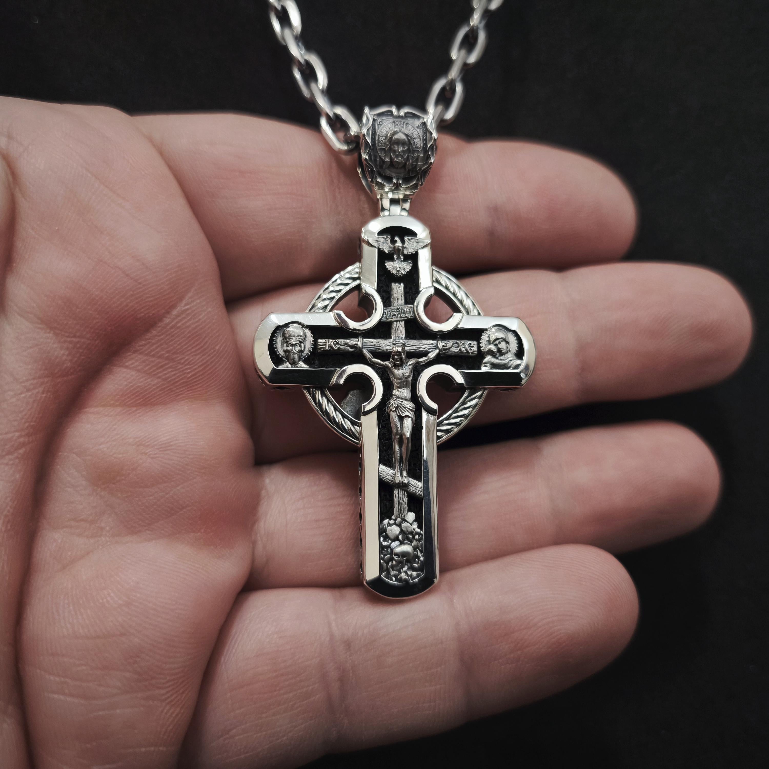 Sterling Silver Orthodox Crucifix Necklace Archangel Saint Michael & Ebony Wood - Religious Pendant